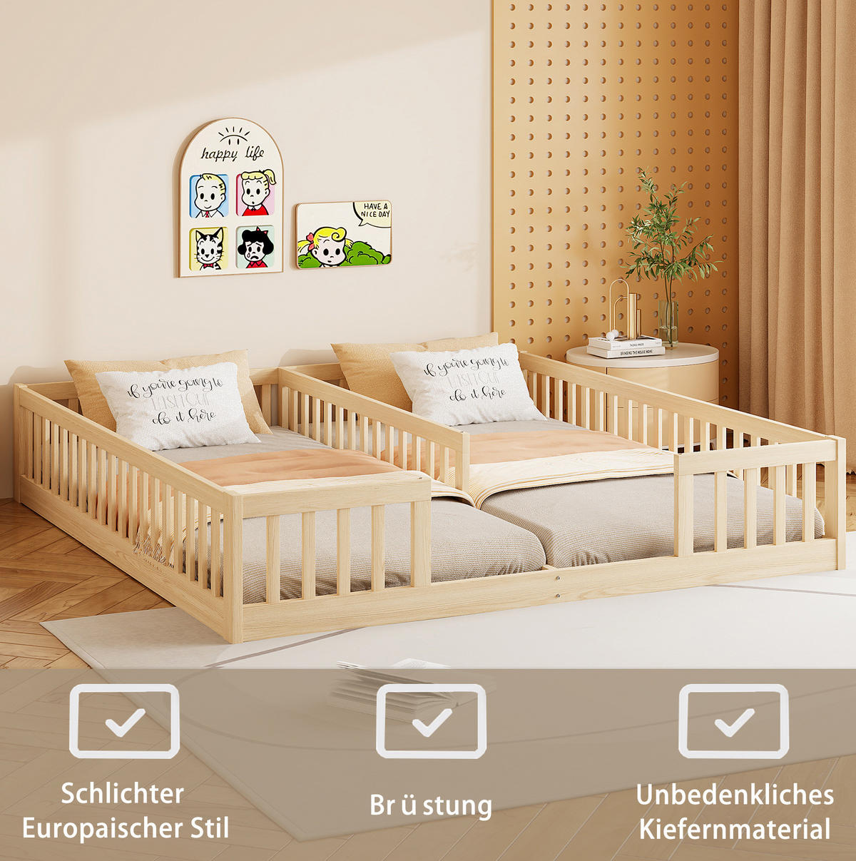 KINDERBETT 90/200 cm Natur aus Kiefernholz und MDF mit Sicherheitsgitter - Naturfarben, Holz (90/200cm) - OKMYHOME
