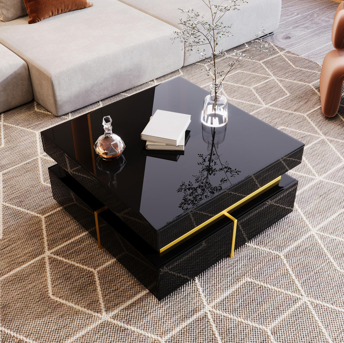 COUCHTISCH mit 2 Schubladen 70 x 70 cm Hochglanz Schwarz - Schwarz, Holzwerkstoff (70/70/35.5cm) - Meubliv