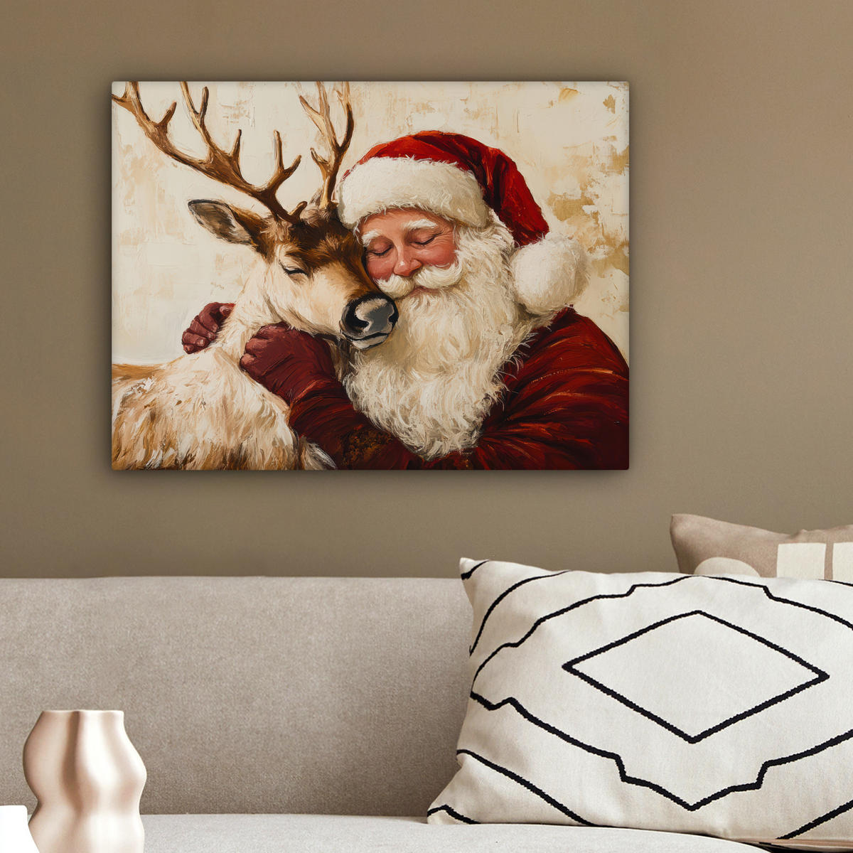 LEINWANDBILD Weihnachtsmann - Rentier - Weihnachten 40x30 cm - Rotbraun, Textil (40/30cm) - MuchoWow