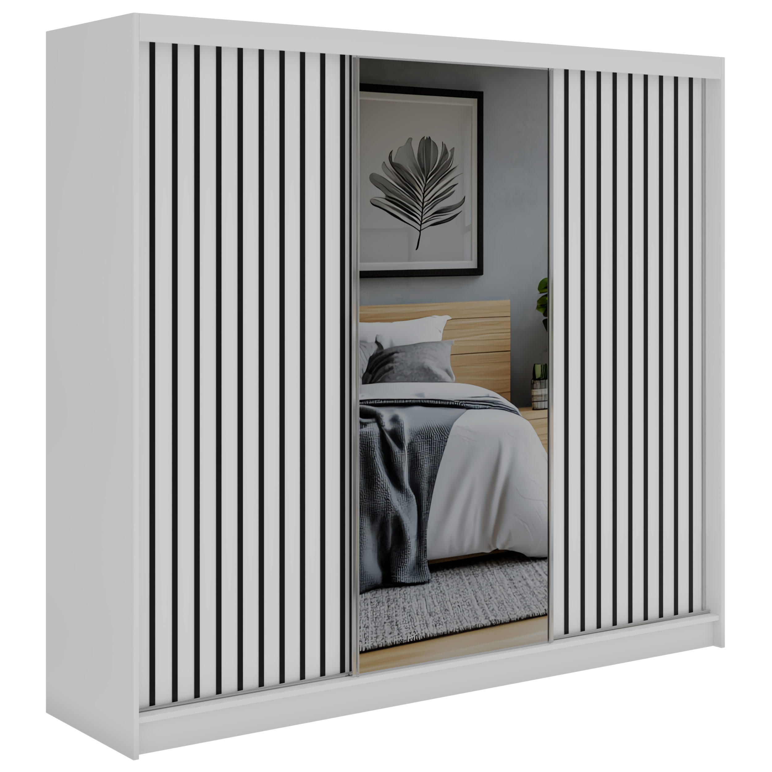 SCHWEBETÜRENSCHRANK mit Spiegel LAOS - 240 - Weiß - Schwarz Lamellen - Alufarben/Schwarz, Holzwerkstoff/Metall (240/216/61cm) - MKS