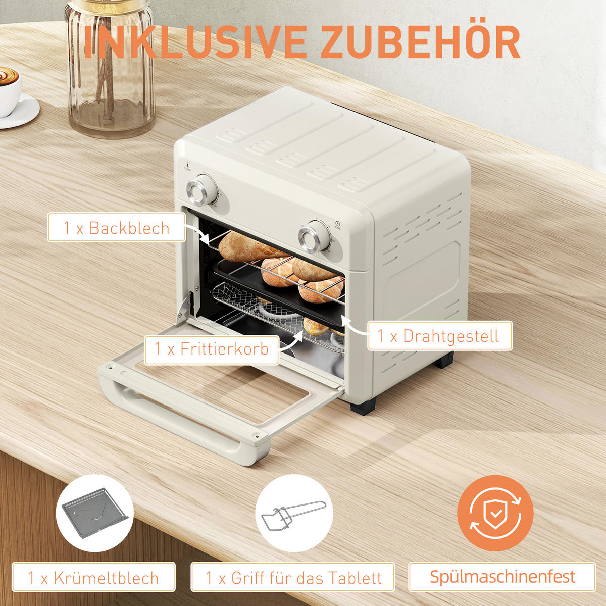 MINIBACKOFEN 10L mit Umluft & Heißluftfritteuse, Touch-Screen, 1000W, Timer, Innenbeleuchtung, Edelstahl - Beige, Metall (32/29.8/27.2cm) - Beaface