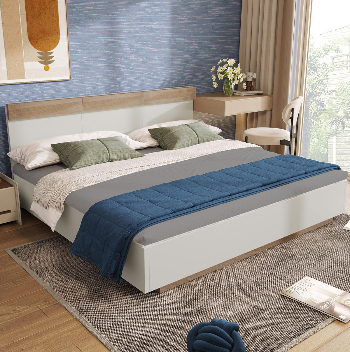 BETT 140/200 cm mit Kopfteil in Sonoma-Eiche/Weiß – inkl. Lattenrost - Weiß, Holzwerkstoff (140/200cm) - BEAOK