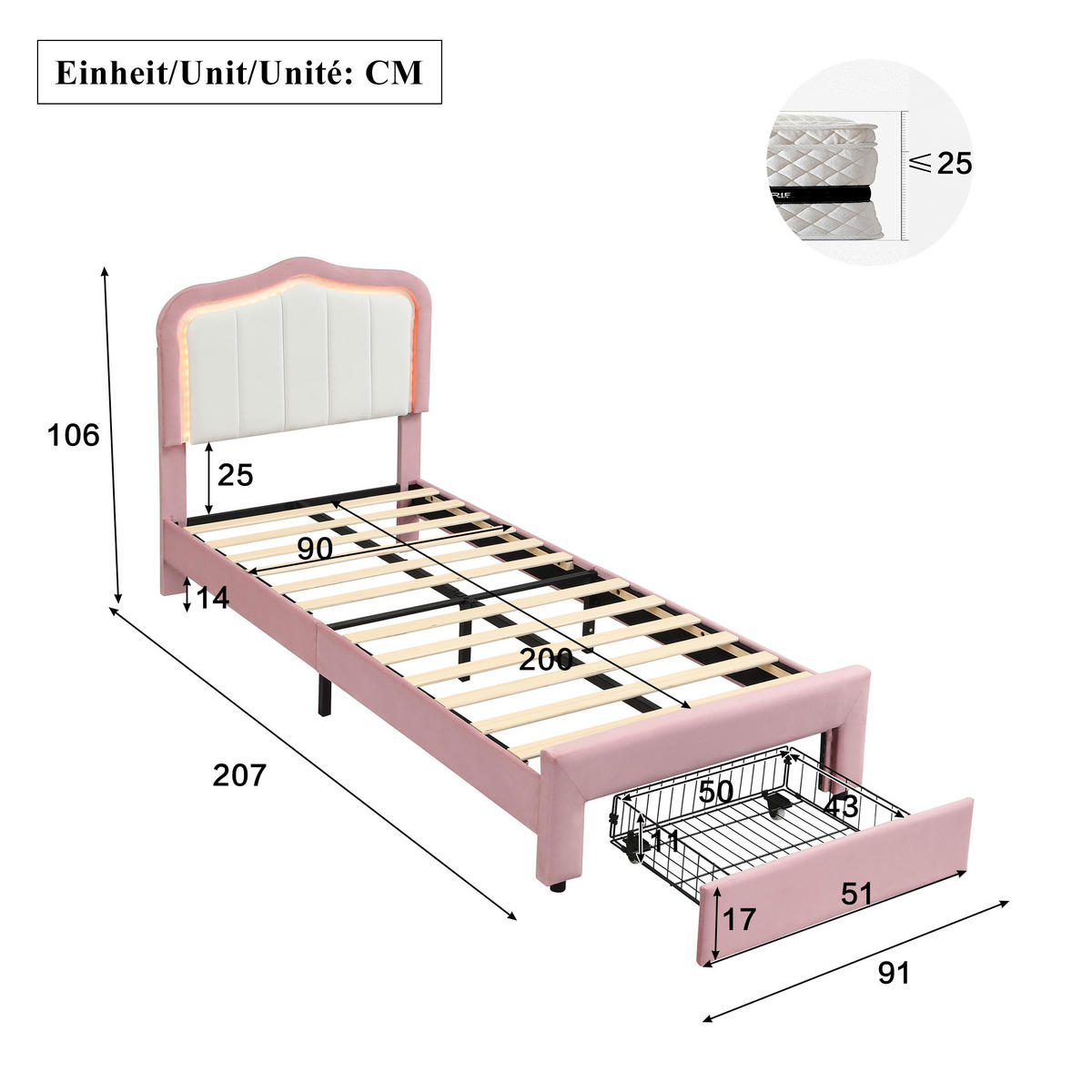 POLSTERBETT 90/200 cm mit Schublade und LED, DE-41731, in Rosa - Pink, Holzwerkstoff (90/200cm) - ComfortXL