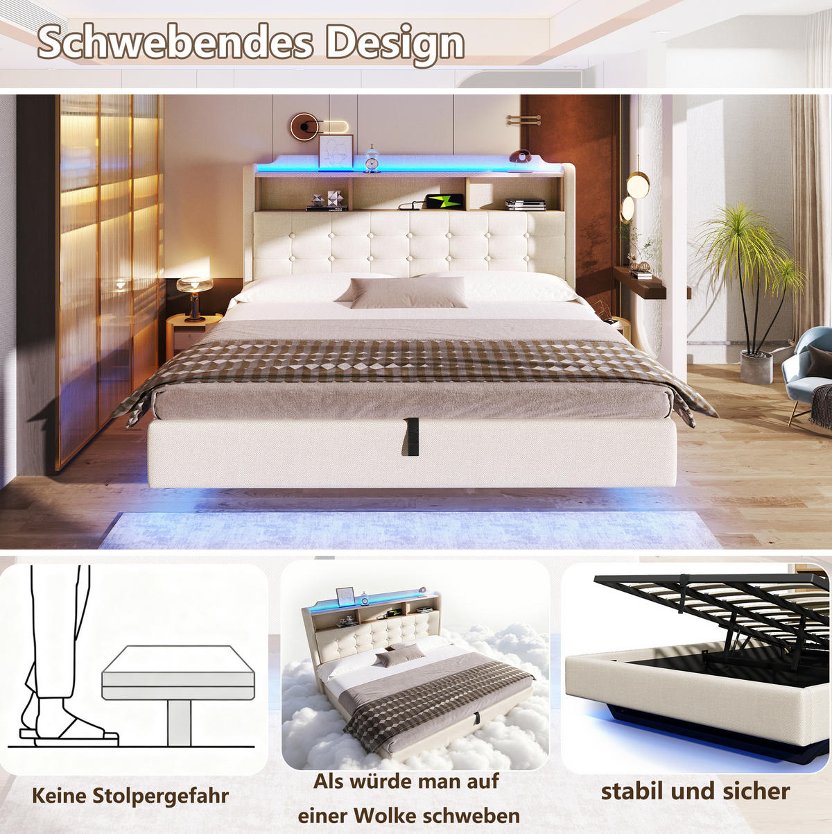 POLSTERBETT 180x200 cm in Beige mit LED, hydraulischem Stauraum und USB-C - Beige, Textil (180/200cm) - IVMEU