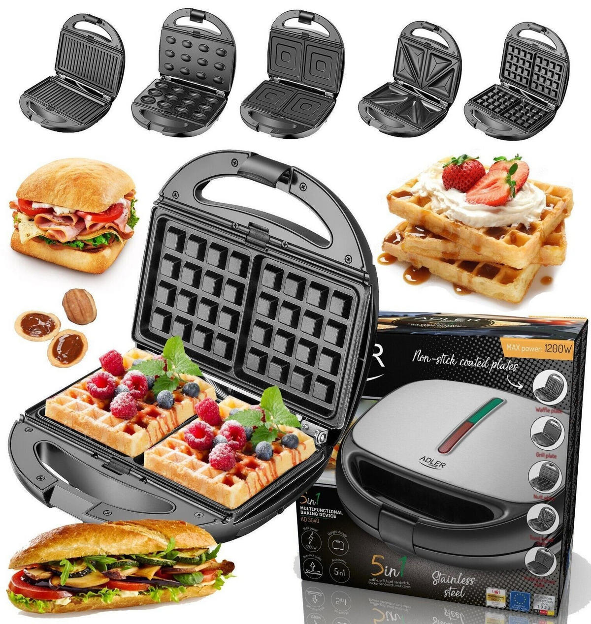 SANDWICHMAKER AD3040 Schwarz 5in1 1200W - Schwarz, Kunststoff (25/10/23cm) - Adler