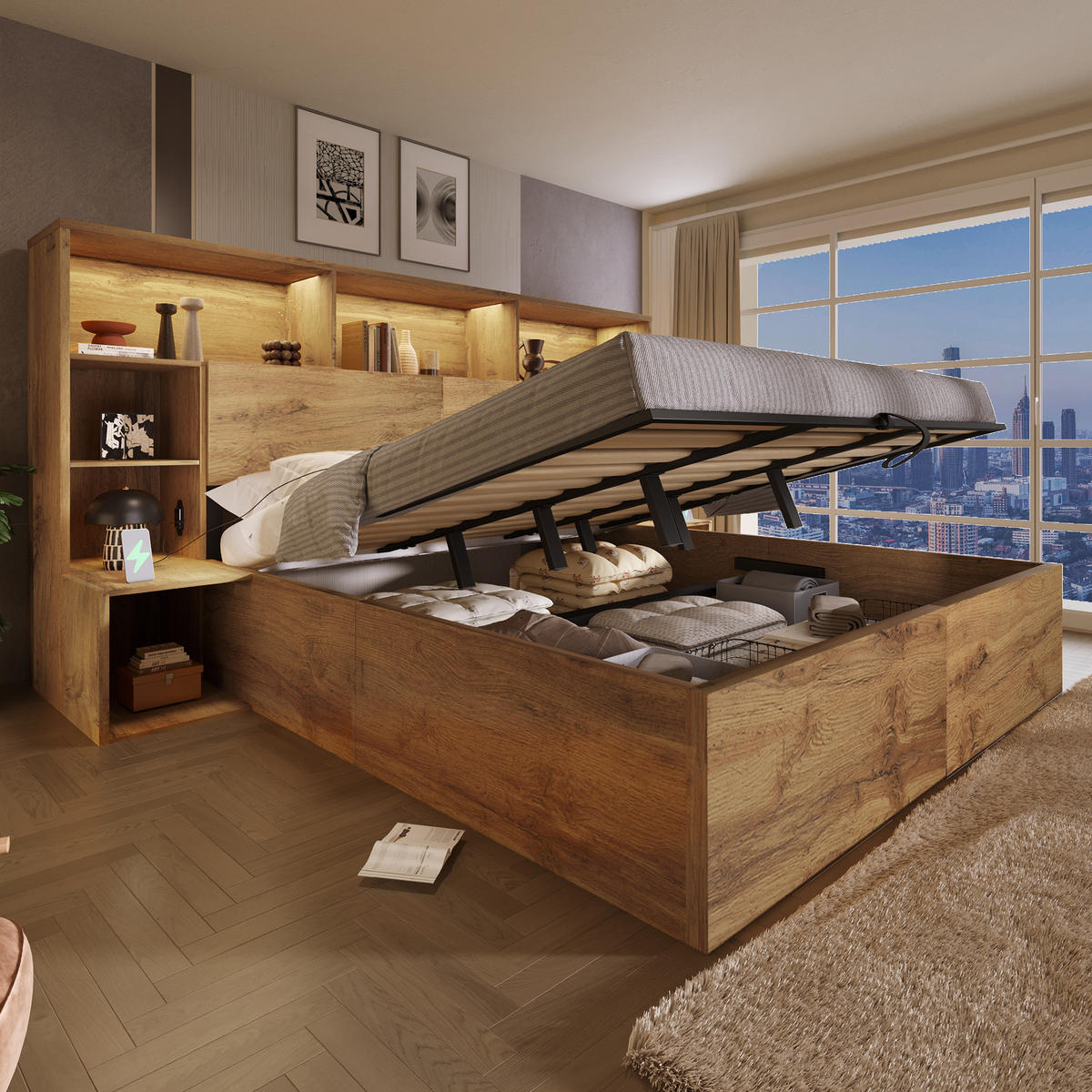 POLSTERBETT 180/200 cm Eiche mit integrierten Nachttischen, LED und USB-C, Ohne Matratze - Eichefarben, Holz (180/200cm) - Oxeza