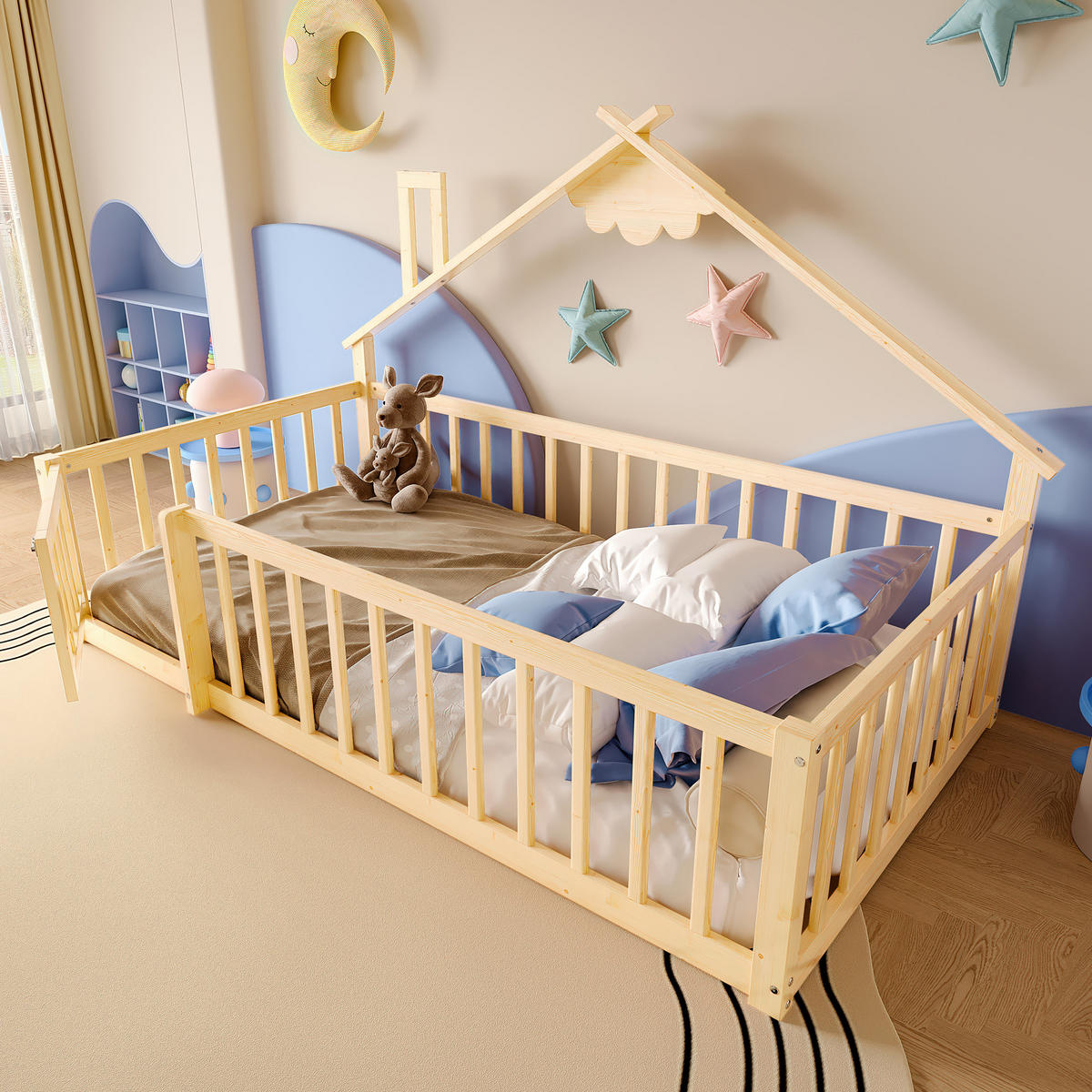 FLACHBETT 90/190 cm Natur Kiefernholz mit Geländer und Schloss - Naturfarben, Holz (90/190cm) - OKWISH