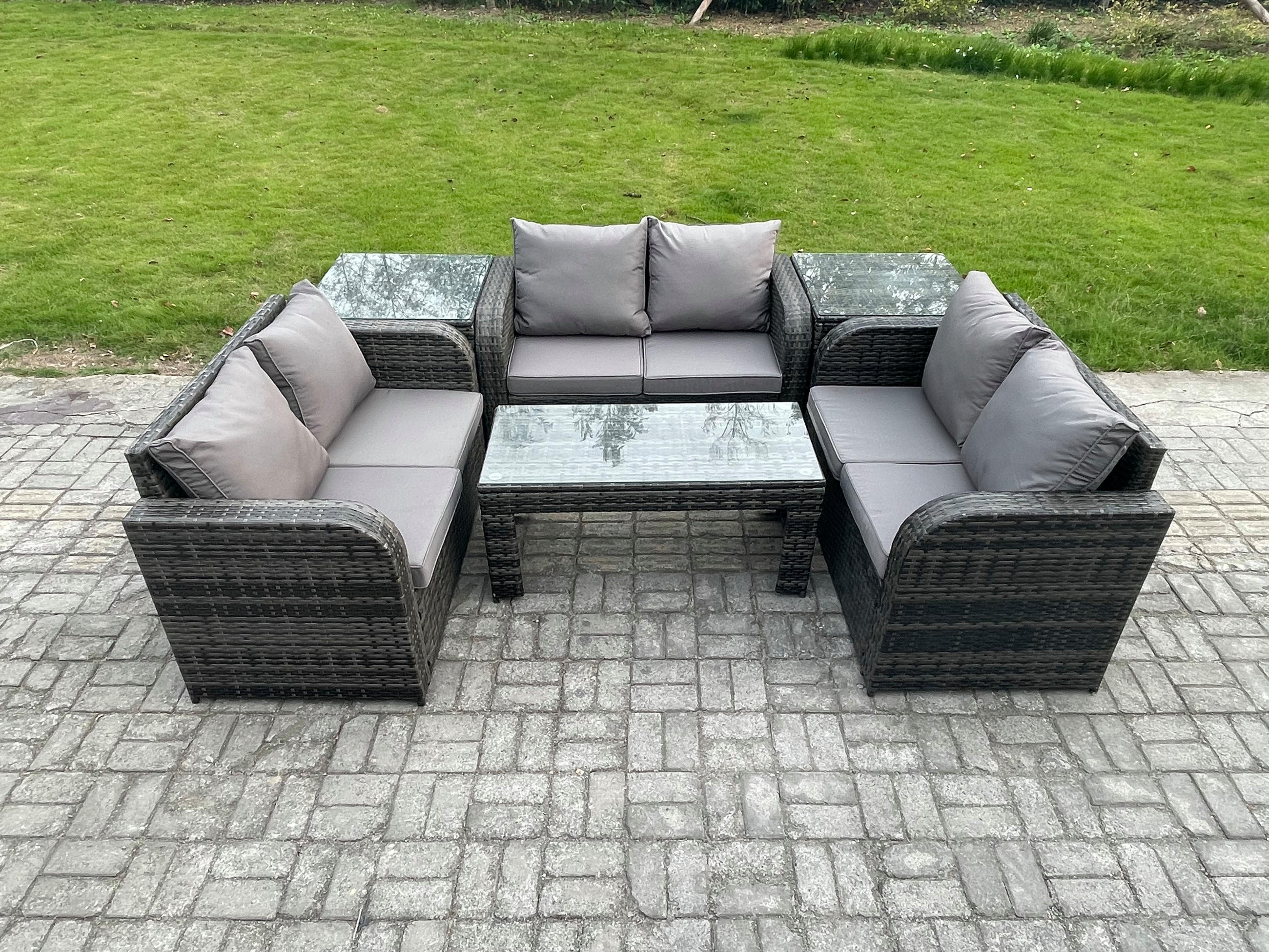 GARTENSOFA SET mit rechteckigem COUCHTISCH Polyrattan 6-Sitzer Dunkelgrau - Dunkelgrau/Grau, Glas/Kunststoff - Fimous