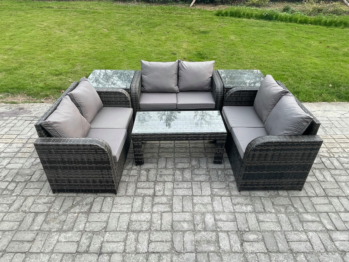 GARTENSOFA SET mit rechteckigem COUCHTISCH Polyrattan 6-Sitzer Dunkelgrau - Dunkelgrau/Grau, Glas/Kunststoff - Fimous