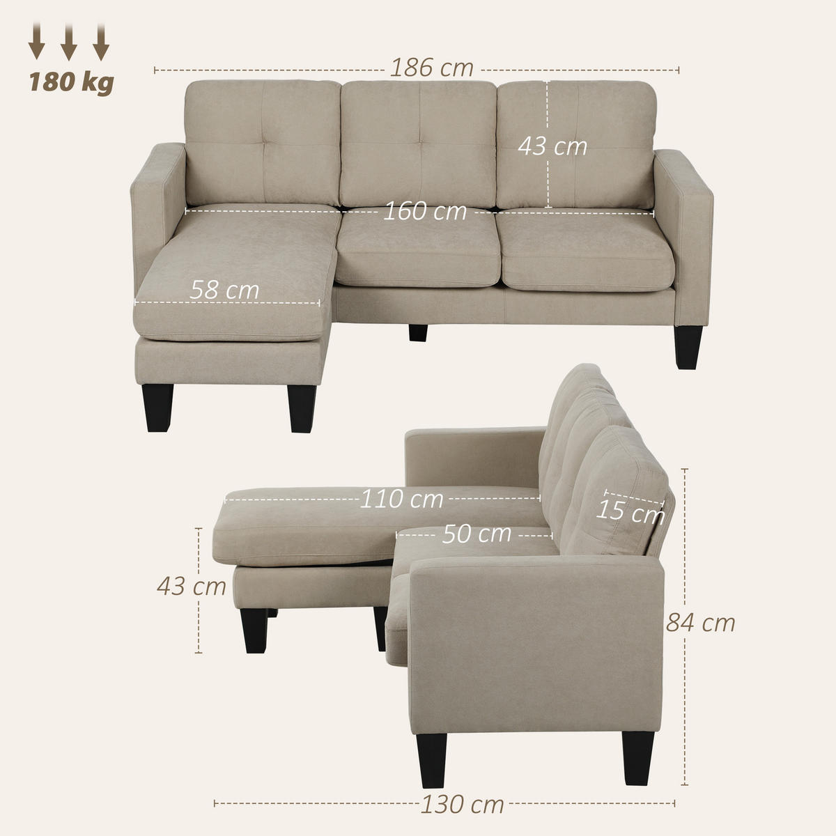 ECKSOFA Beige 186/130/84 cm - Beige, Textil (186/130cm) - PANGIVO