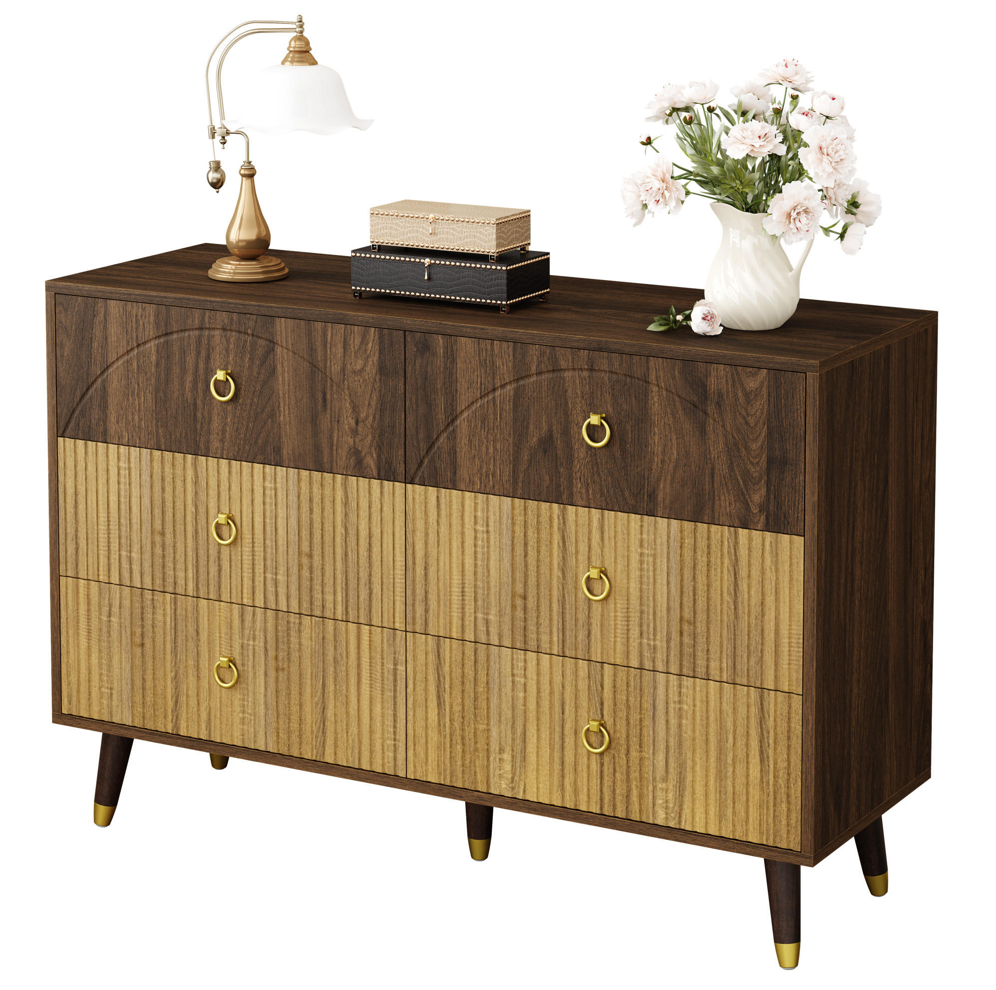 KOMODA 120/40/81 cm s 6 predali, dvobarvnim retro videzom in MDF konstrukcijo, Naravna - naravne barve, leseni material (120/81/40cm) - Redom