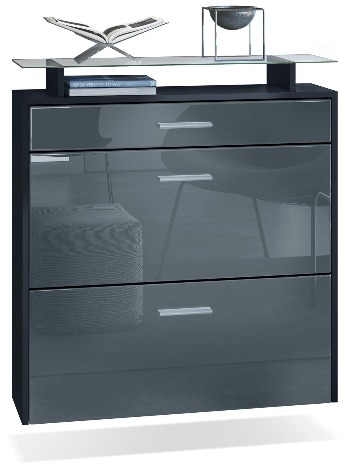 SCHUHSCHRANK Malea Front in Grau Hochglanz - Grau, Holzwerkstoff (89/96/23cm) - Vladon