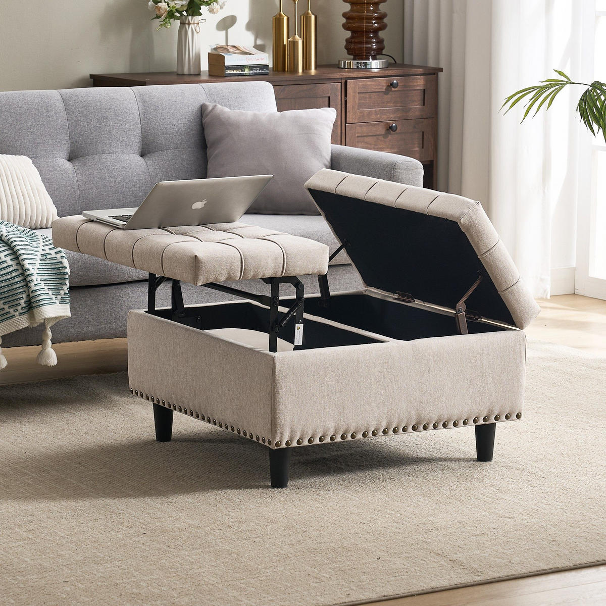 HOCKER Couchtisch,Aufbewahrungsstuhl,höhenverstellbar,Leinen,Beige - Beige, Metall (75/41/75cm) - LVHOM
