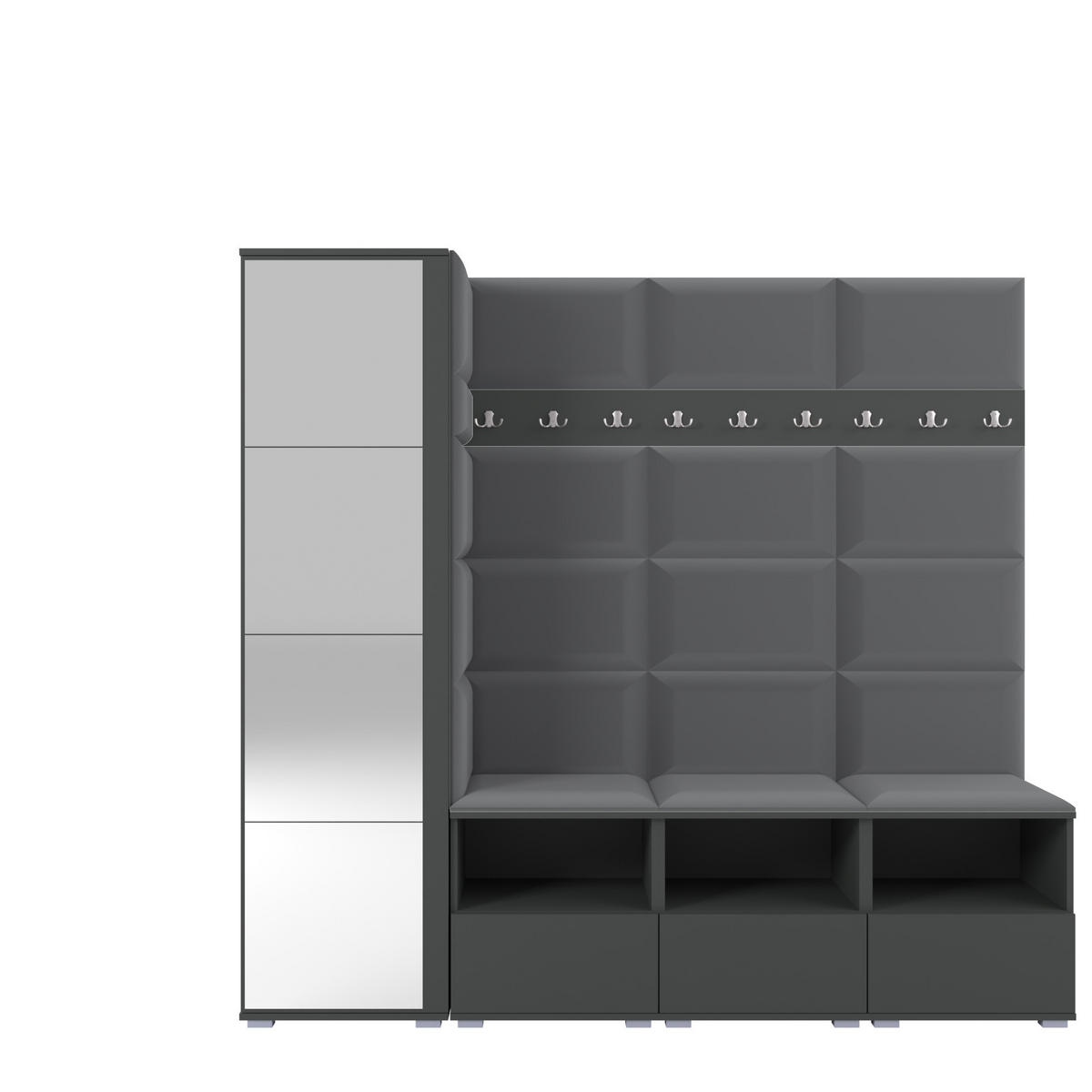 GARDEROBE NELA IX 200 cm (Modulare Flurmöbel Graphit mit Spiegel & Sitzpolster Dunkelgrau 15 Breite Sitzbank) - Dunkelgrau/Silberfarben, Holz/Holzwerkstoff (200/187/40cm) - Ravio
