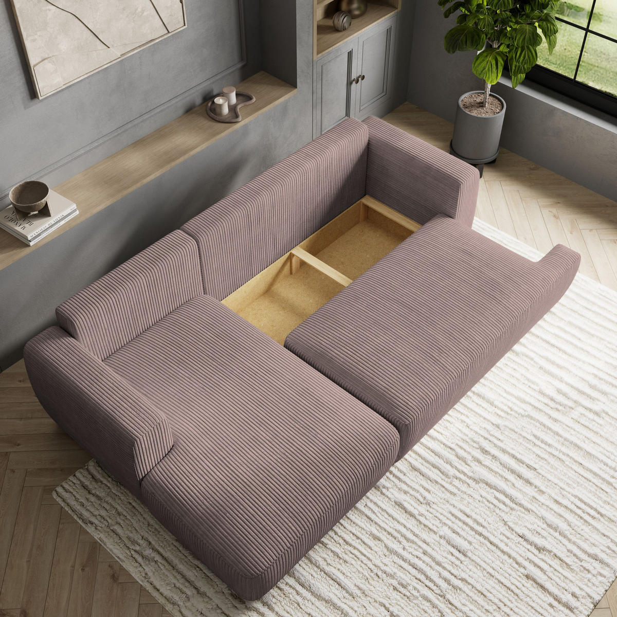 ECKSOFA SENTI P L-S Lila Kordstoff mit Schlaffunktion - Lila, Holz (246/148cm) - MASSENO