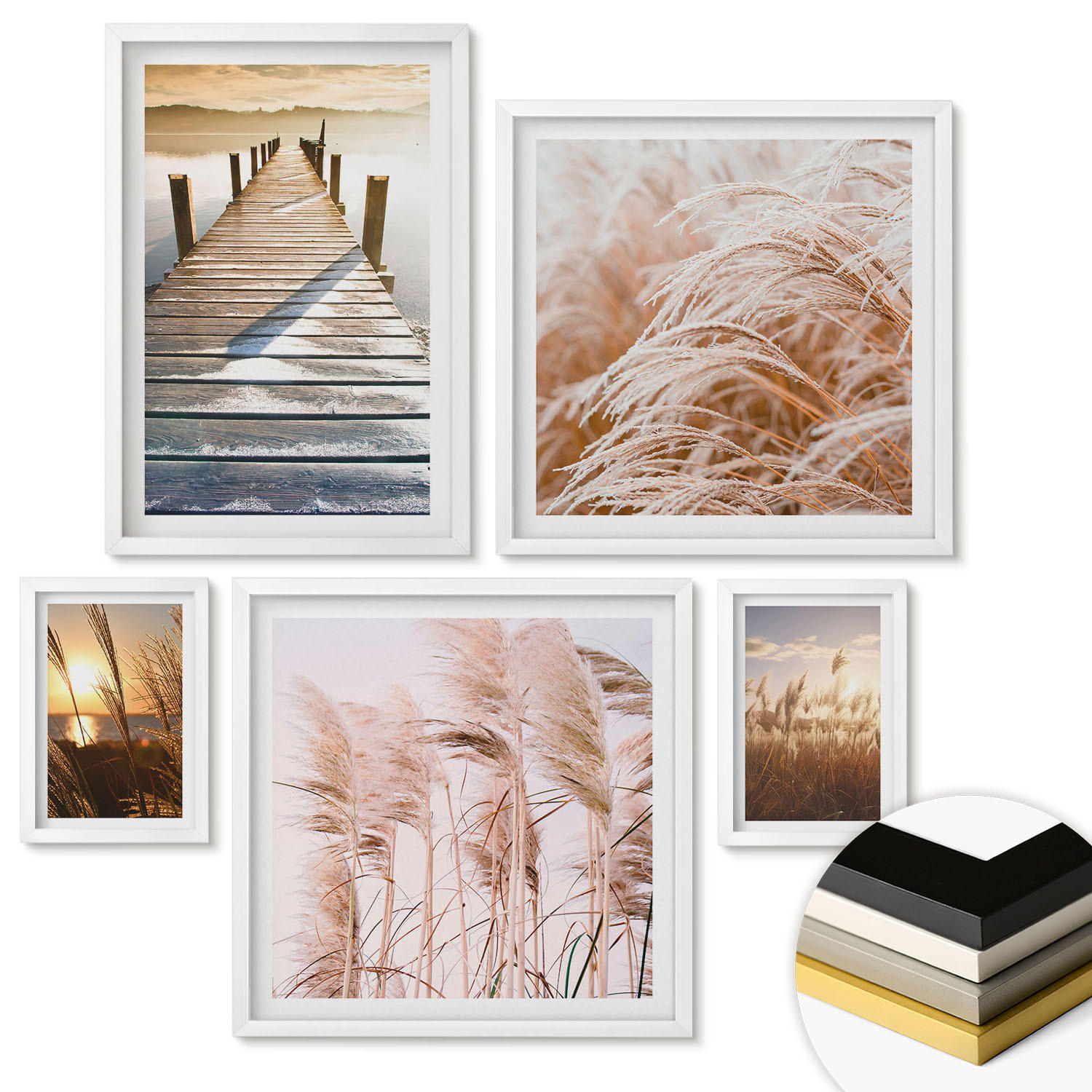 WANDBILDER 5er-Set - 50x50 cm & 20x30 cm & 40x60 cm Weißer Rahmen - Boho-Grasfeld-Sonnenuntergang - Weiß, Kunststoff (40/60cm) - ArtPrintCave