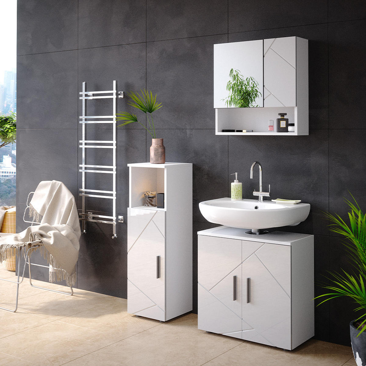 BADMÖBEL-SET Ronco Weiß Hochglanz 3 Teile - Weiß Hochglanz/Weiß, Holzwerkstoff (60/192/30cm) - Livinity®