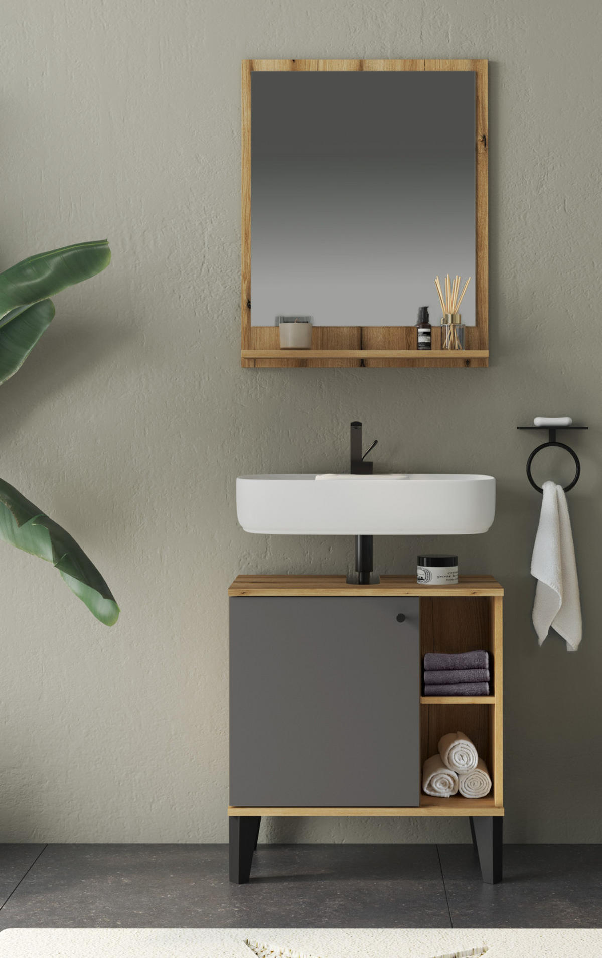 BADMÖBEL-SET 2-teilig grau, Evoke Eiche, Badkombination 60 cm - Eichefarben/Grau, Glas/Holzwerkstoff (60/190/33cm) - Furn.Design