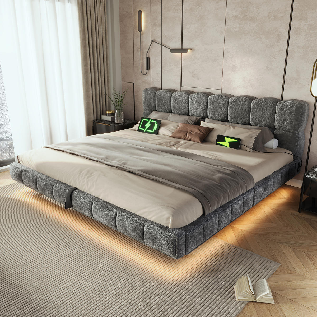 POLSTERBETT 180/200 mit Bettkasten, LED und USB in Grau - Grau, Holzwerkstoff/Textil (180/200cm) - EVRYAE