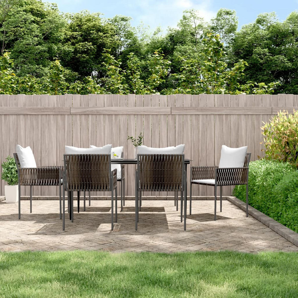 GARTEN-ESSGRUPPE 7-teilig Mit Kissen Poly Rattan Und Stahl - Braun, Kunststoff - vidaXL