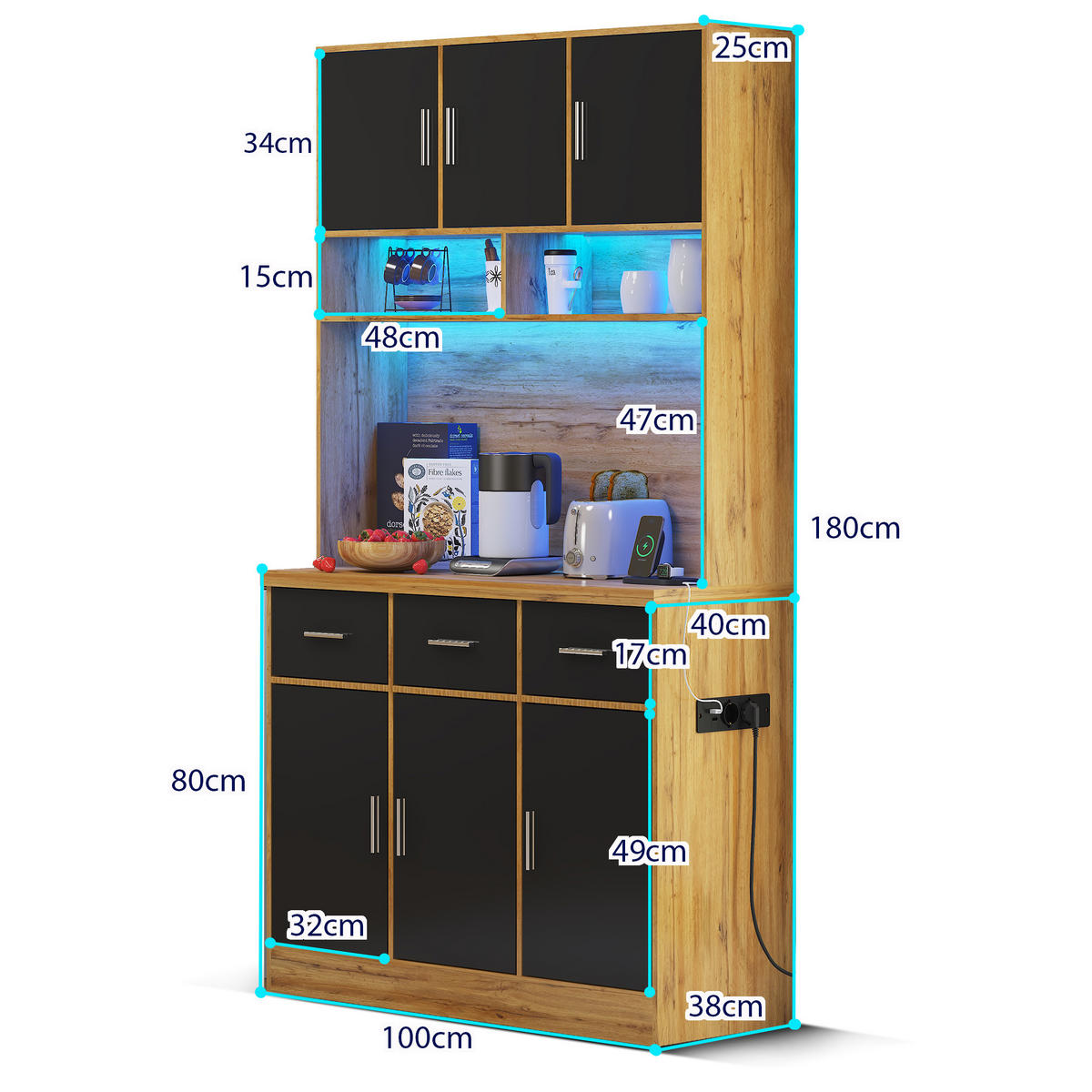 BUFFET 100/40/180 cm Schwarz mit LED-Beleuchtung mit APP-Steuerung und 3 Schubladen - Schwarz, Holz (100/180/40cm) - Oxeza