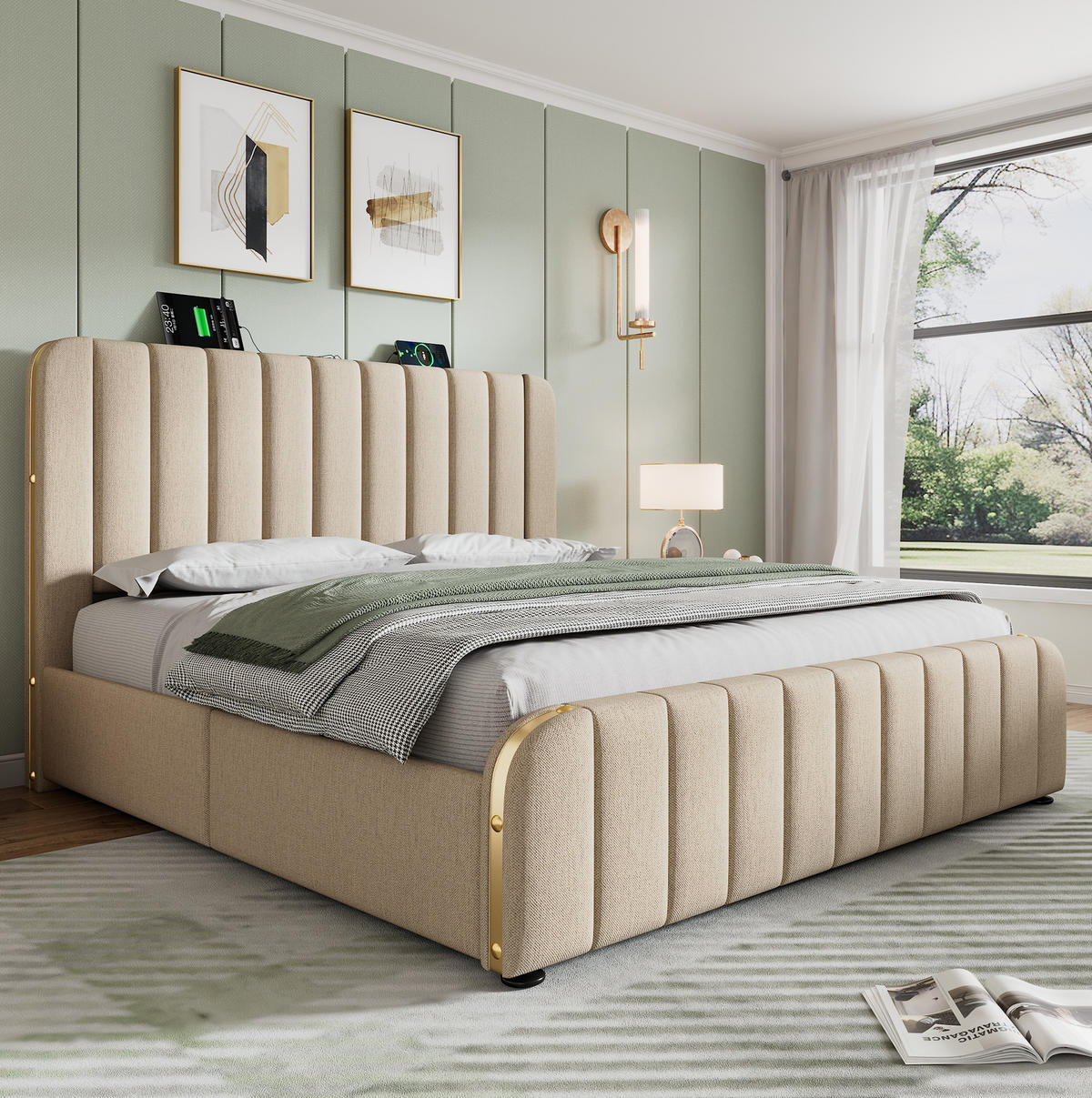 POLSTERBETT aus Leinen 160x200 cm Beige mit 4 Schubladen, Matratze und USB-/USB-C-Anschluss - Beige, Textil (160/200cm) - IVMEU