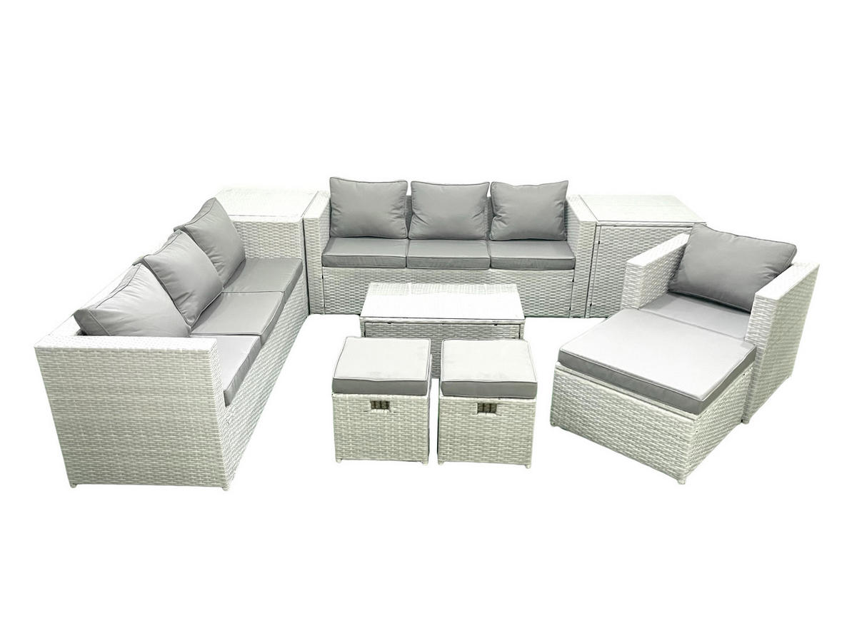 GARTENGARNITUR mit 3-SITZER SOFA,COUCHTISCH Polyrattan Hellgrau-Mix 10-Sitzer - Hellgrau/Grau, Glas/Kunststoff - Fimous