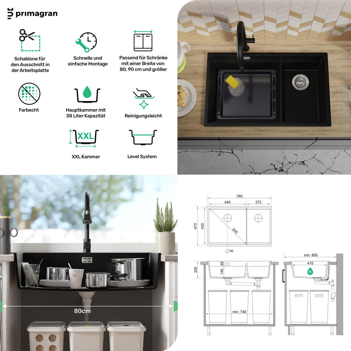 SPÜLBECKEN Praga Slim Duo, 2-er set Weiß 76/47 cm 2 Becken + Ablauf-Set + Aufrollbare Abtropffläche ab 80er Unterschrank - Chromfarben/Weiß, Kunststoff (76/20/47cm) - Primagran