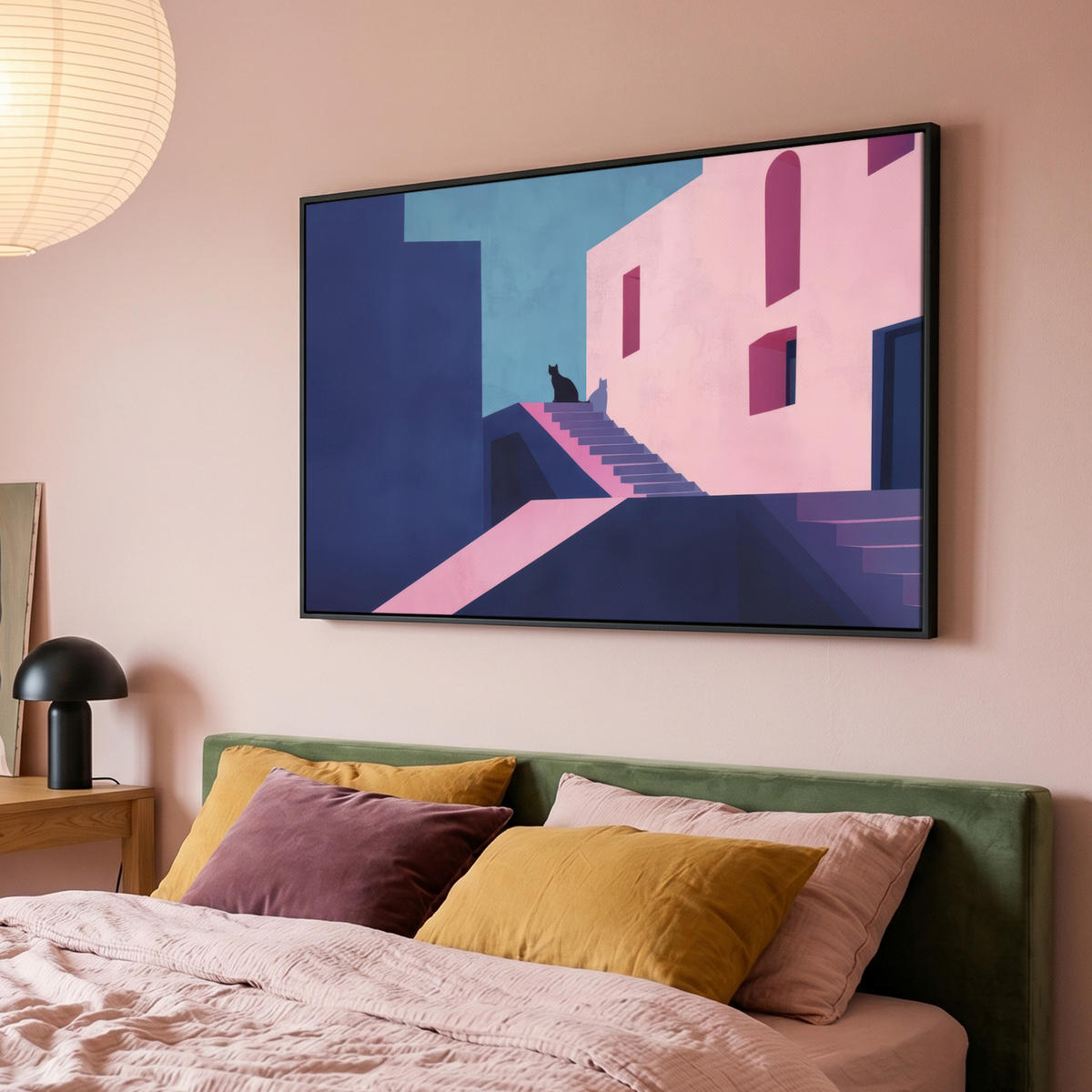 LEINWAND Bilder mit Rahmen - Katze - Treppe - Gebäude - Schattenkontraste - 150x100 - Dunkelblau, Textil (150/100cm) - MuchoWow