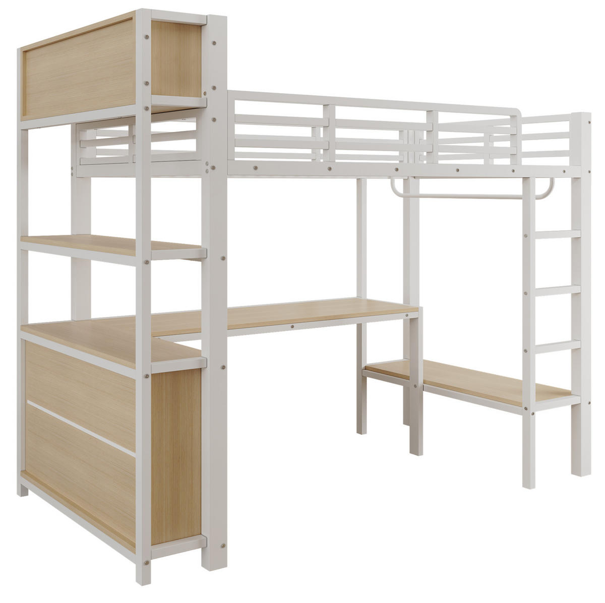 HOCHBETT 90x200 cm in Weiß mit Schreibtisch, Kleiderstange und Regalen - Weiß, Holzwerkstoff (90/200cm) - IVMEU