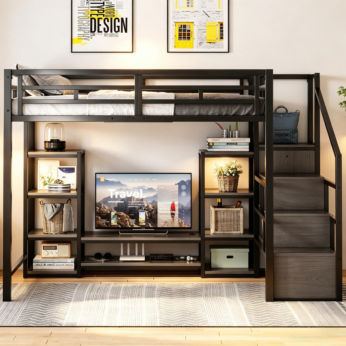 HOCHBETT 140/200 cm in Schwarz mit TV-Ständer, Steckdose und Leiter aus Metall - Schwarz, Holzwerkstoff/Metall (140/200cm) - CHICFURN