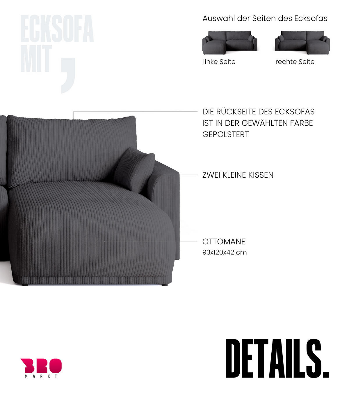 ECKSOFA MORENO mit Schlaffunktion Grau Cord - Grau, Textil (262/160cm) - Bromarkt