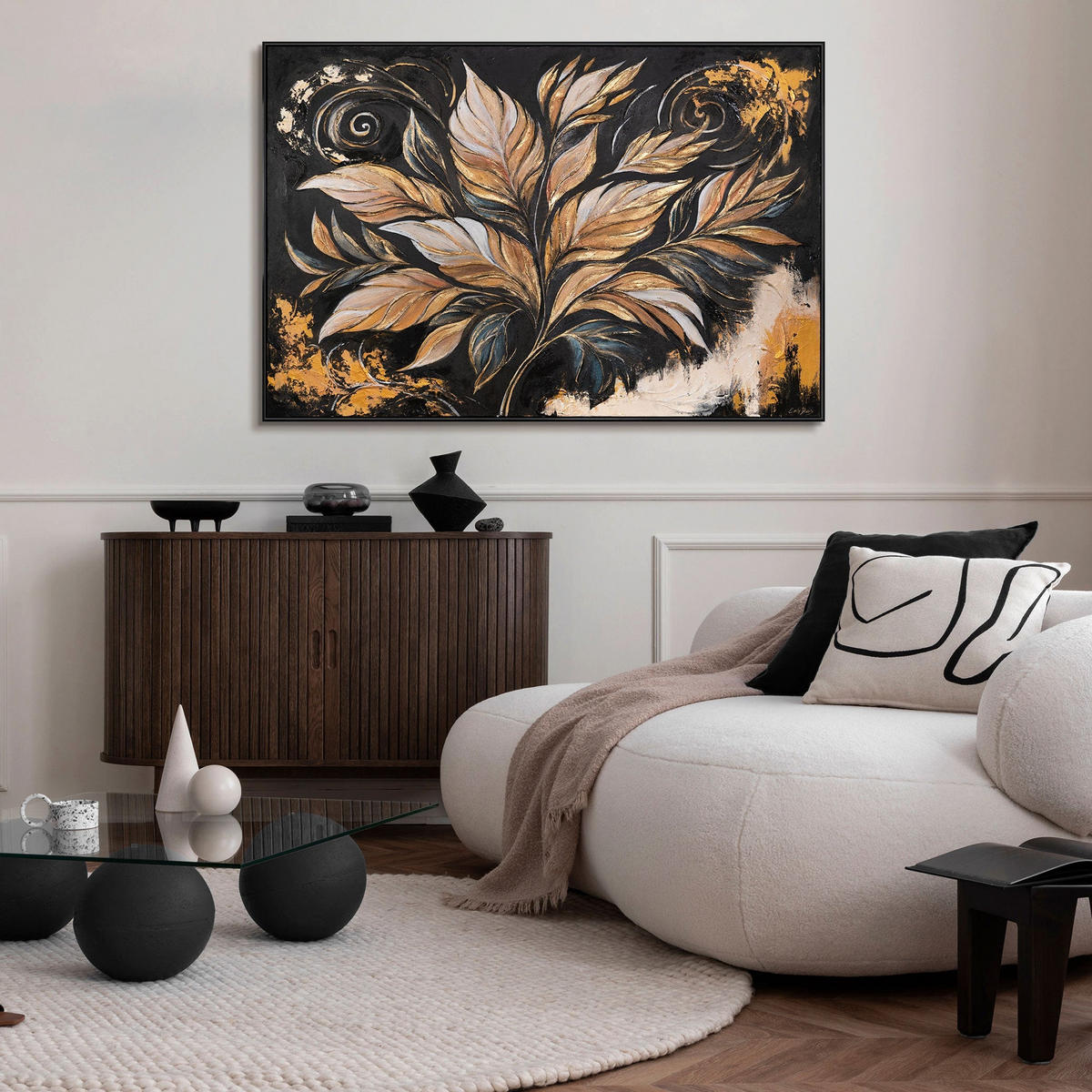 GEMÄLDE Goldene Blätter Schattenfugenrahmen Schwarz 140x100 cm - Schwarz, Holz (140/100cm) - YS-art gallery