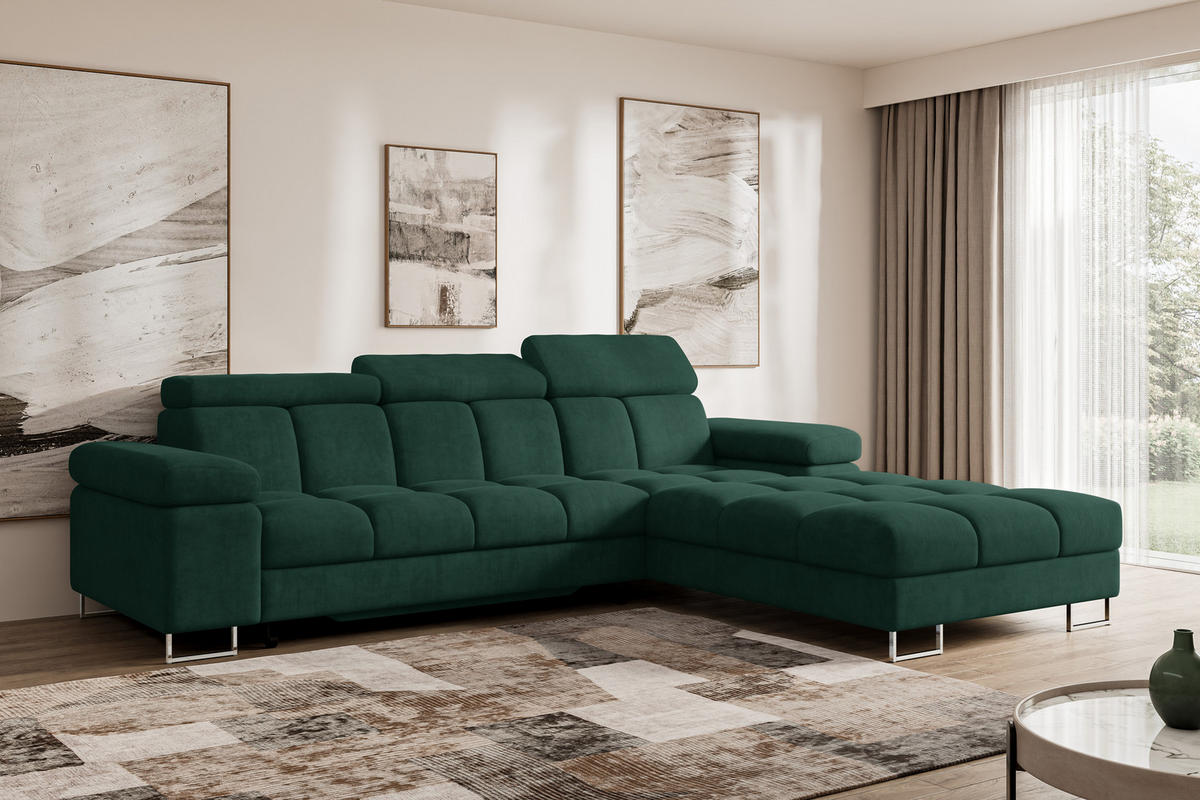 ECKSOFA mit Schlaffunktion Ottomane Rechts COMA L 271x203x79 Grün Velours - Grün, Holzwerkstoff/Textil (203/271cm) - ALTDECOR