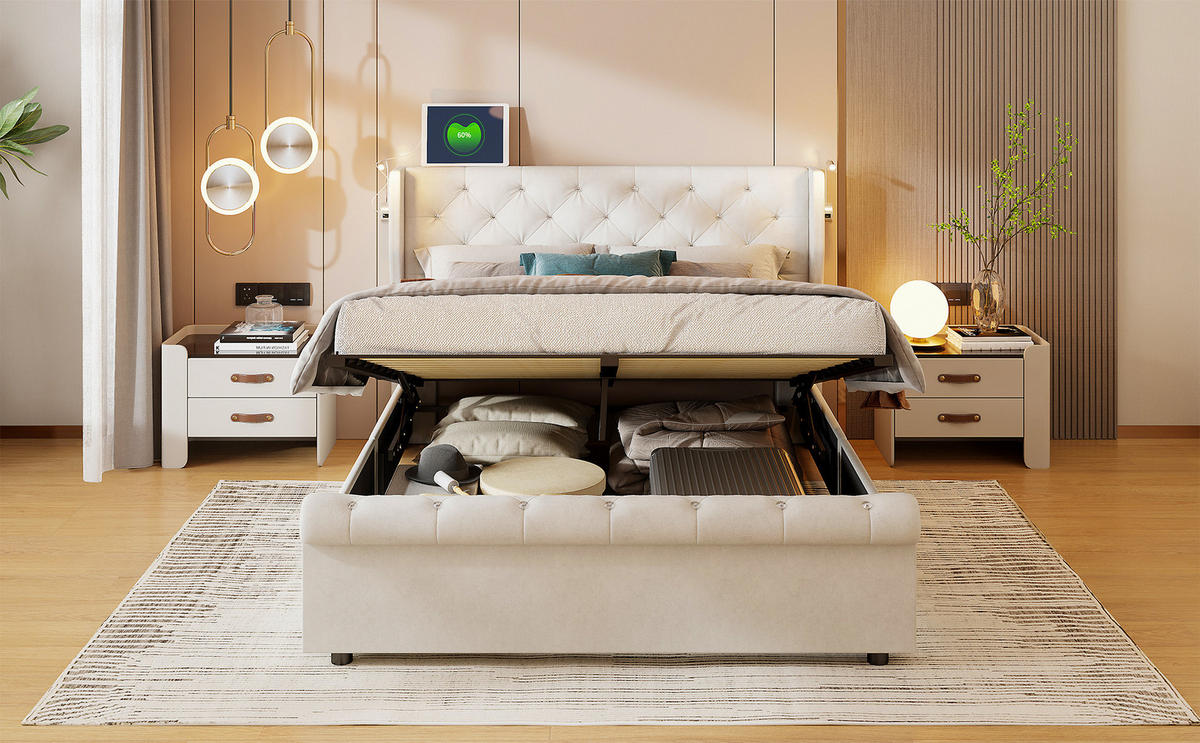 POLSTERBETT 140/190 cm beige mit Stauraum und LED - Beige, Holz