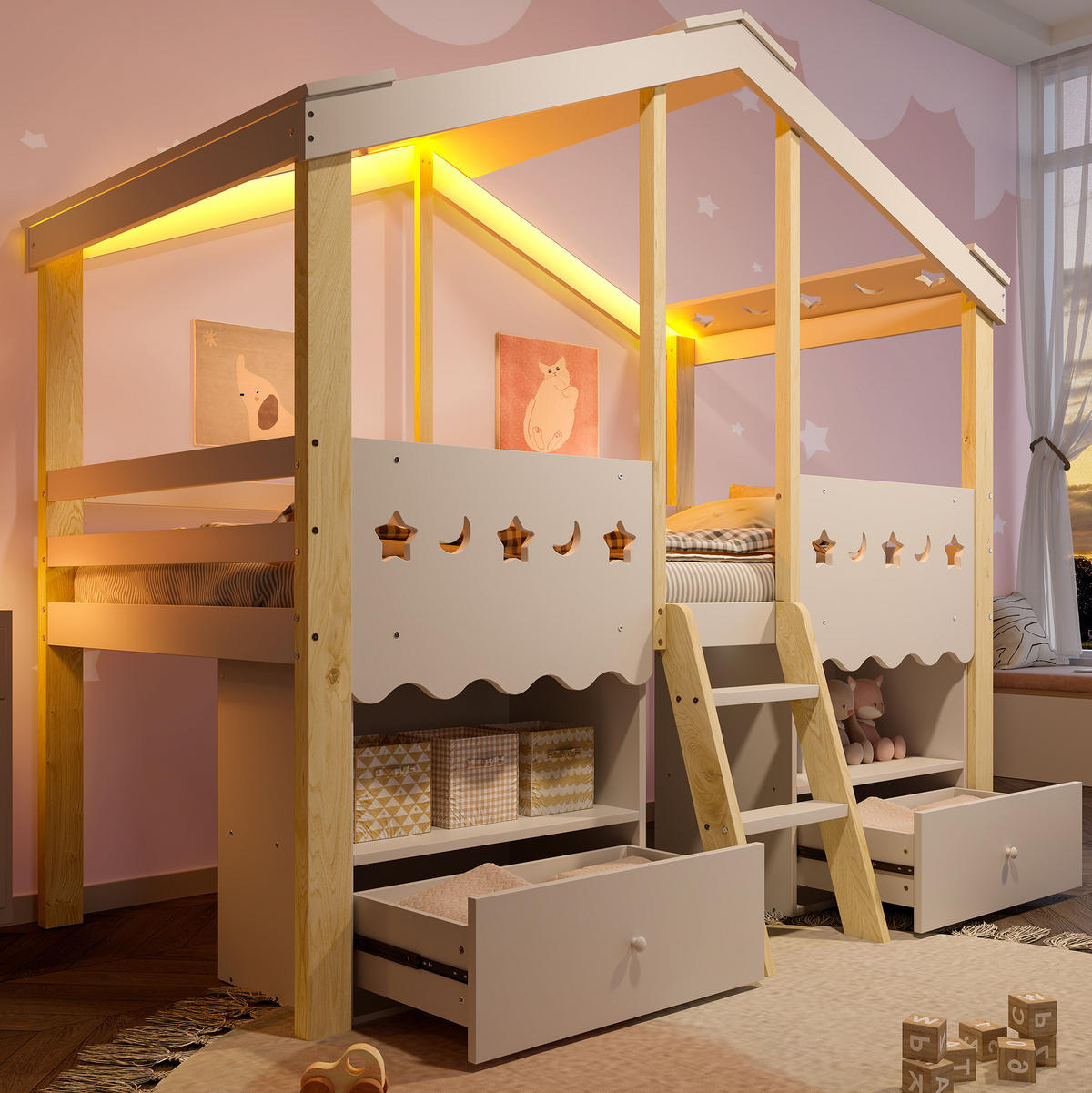 HOCHBETT 90/200 cm in Weiß/Natur mit LED und Stauraum - Weiß, Holz (90/200cm) - BEAOK