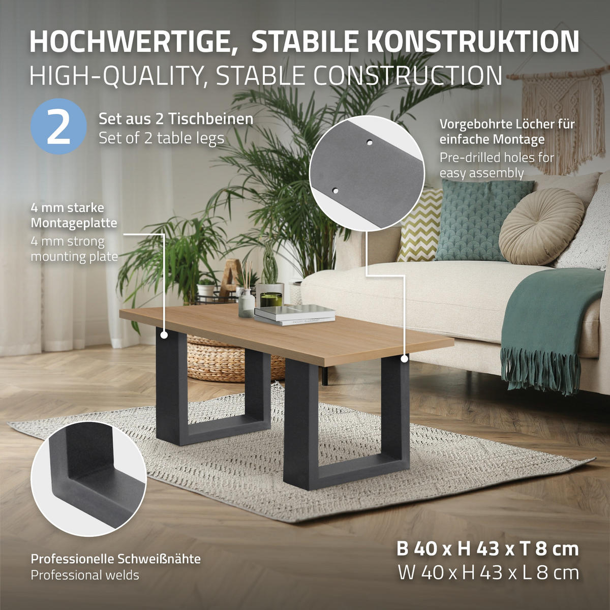 TISCHBEINE 2er Set 40 x 43 cm Anthrazit - Dunkelgrau, Metall (40/8/43cm) - ECD-Germany