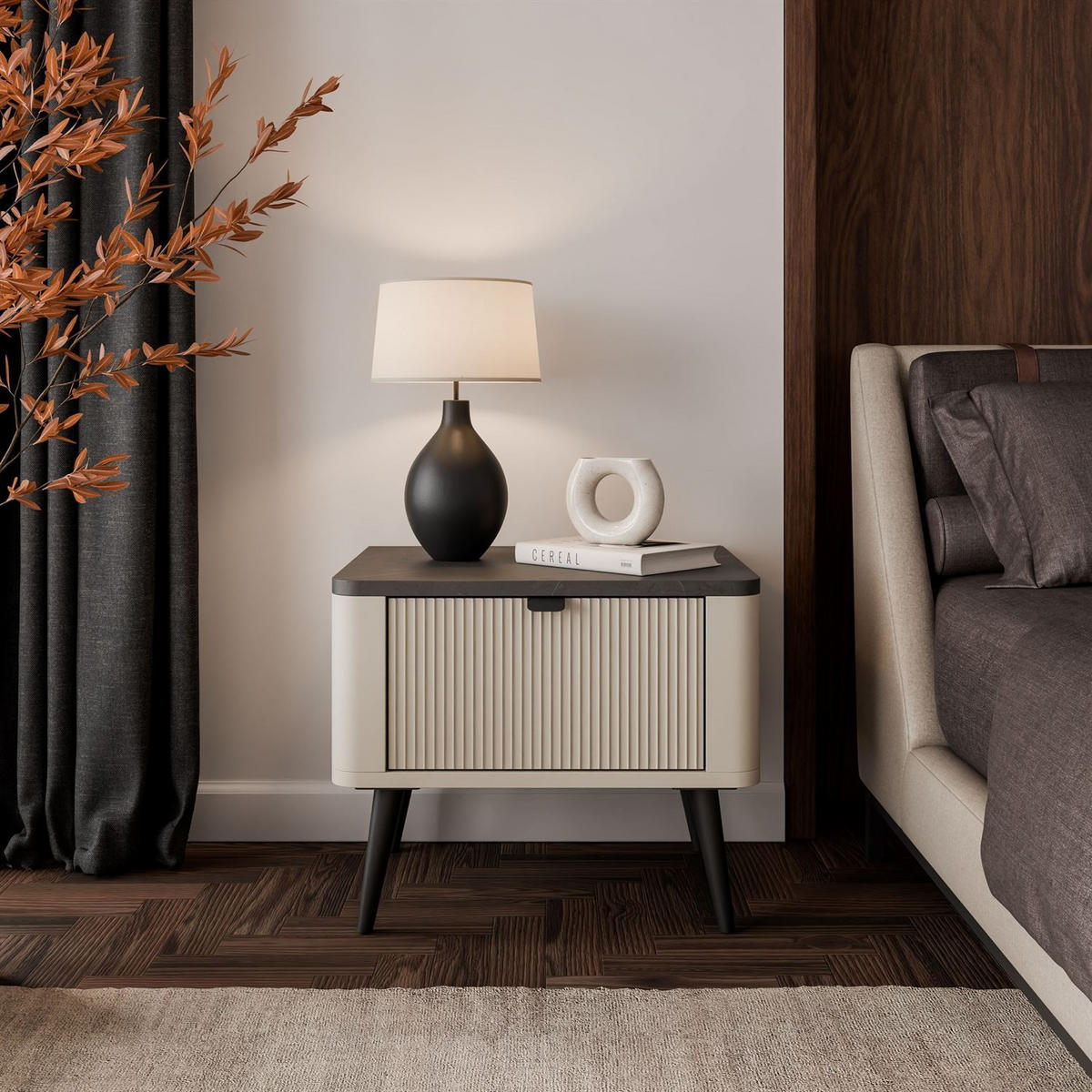 NACHTTISCH AUTUMN auf hohen Beinen, Kaschmir / Grauer Stein - Beige/Schwarz, Holzwerkstoff (50/42/40cm) - Lookway