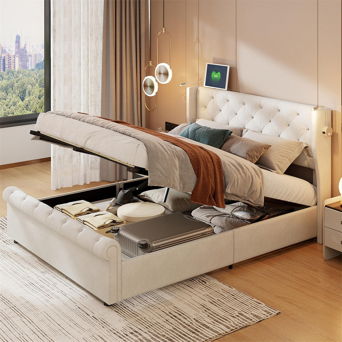 POLSTERBETT 160x200 cm mit verstellbaren Leseleuchten - USB-Anschluss und hydraulischem Stauraum - ohne Matratze - Beige, Textil (160/200cm) - DELFA