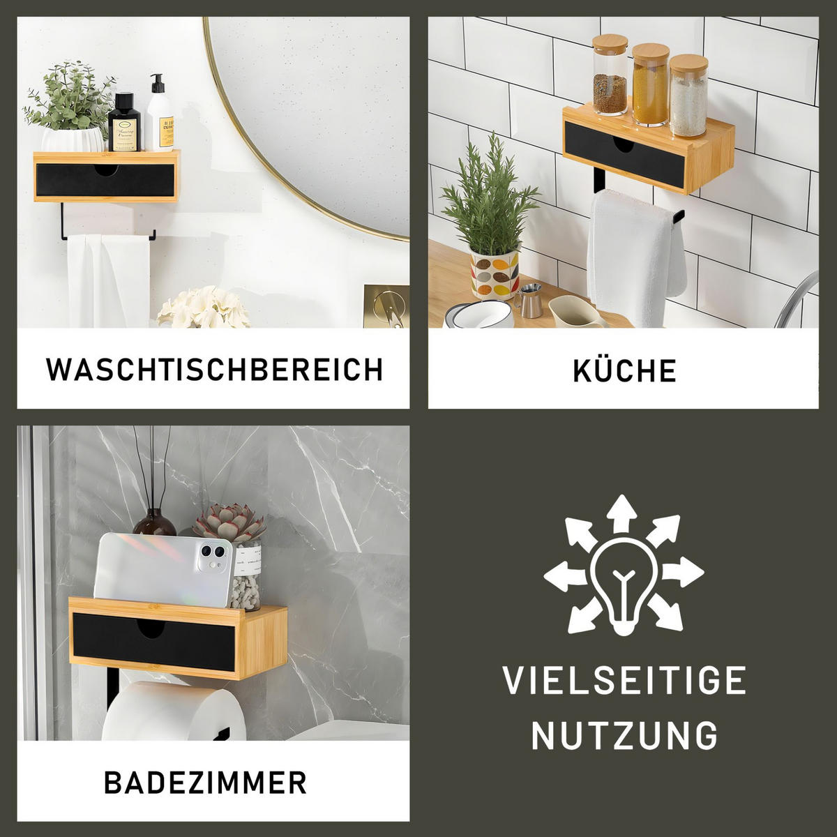 TOILETTENPAPIERHALTER mit Schublade 10x18,5x13cm Bambus - Schwarz, Holz (18.5/10/13cm) - BERLINLODGE