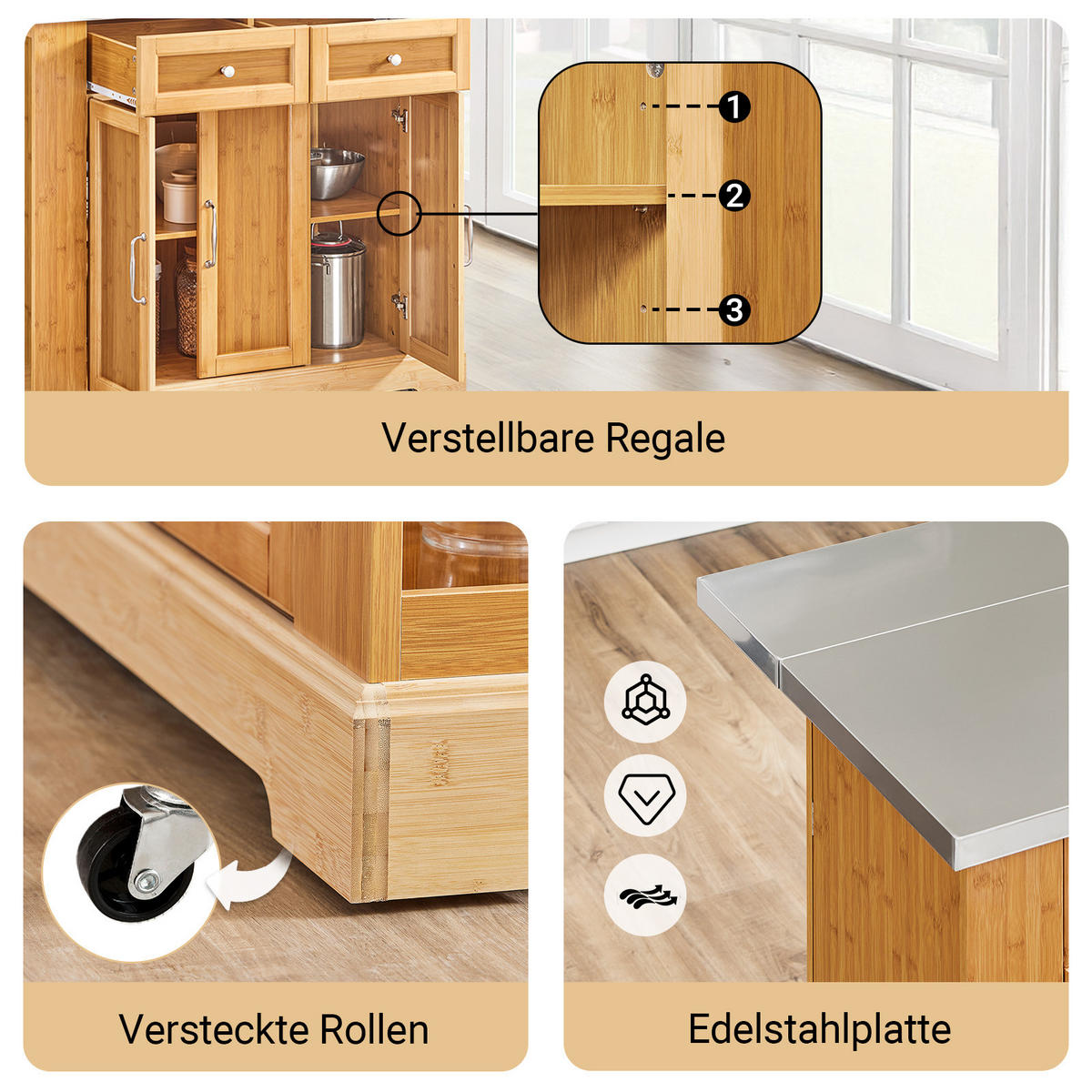 KÜCHENINSEL auf Rollen, Bambus, 107x92,5x(46–71) cm - Naturfarben, Holz/Holzwerkstoff (107/92.5/71cm) - SoBuy