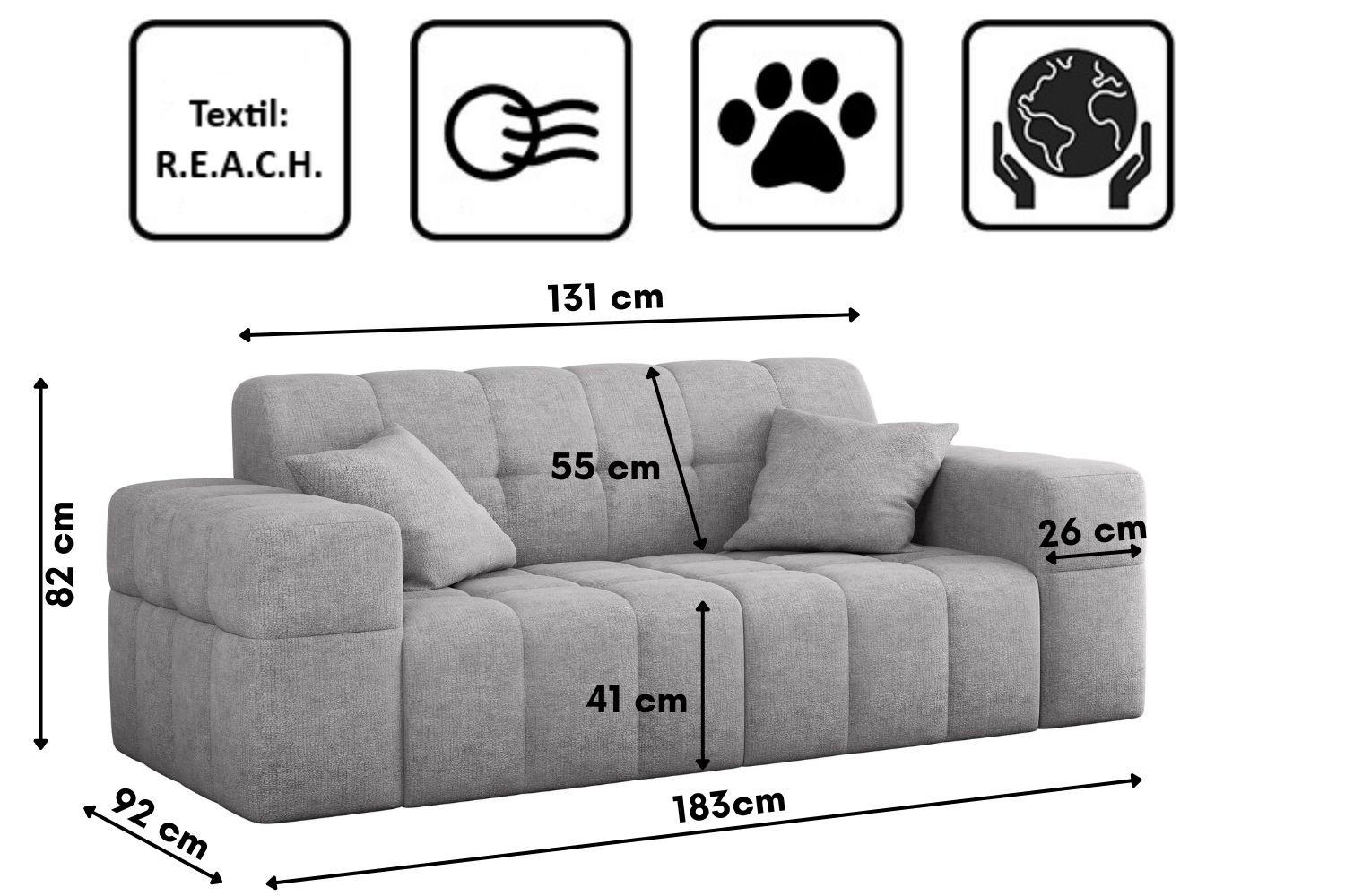 Thumbnail - Kaiser Möbel Sofa, Grau, Holz, nicht einzeln stellbar,Rechteckig, 183x82x92 cm, Reach, Wohnzimmer, Sofas & Couches, Sofa...