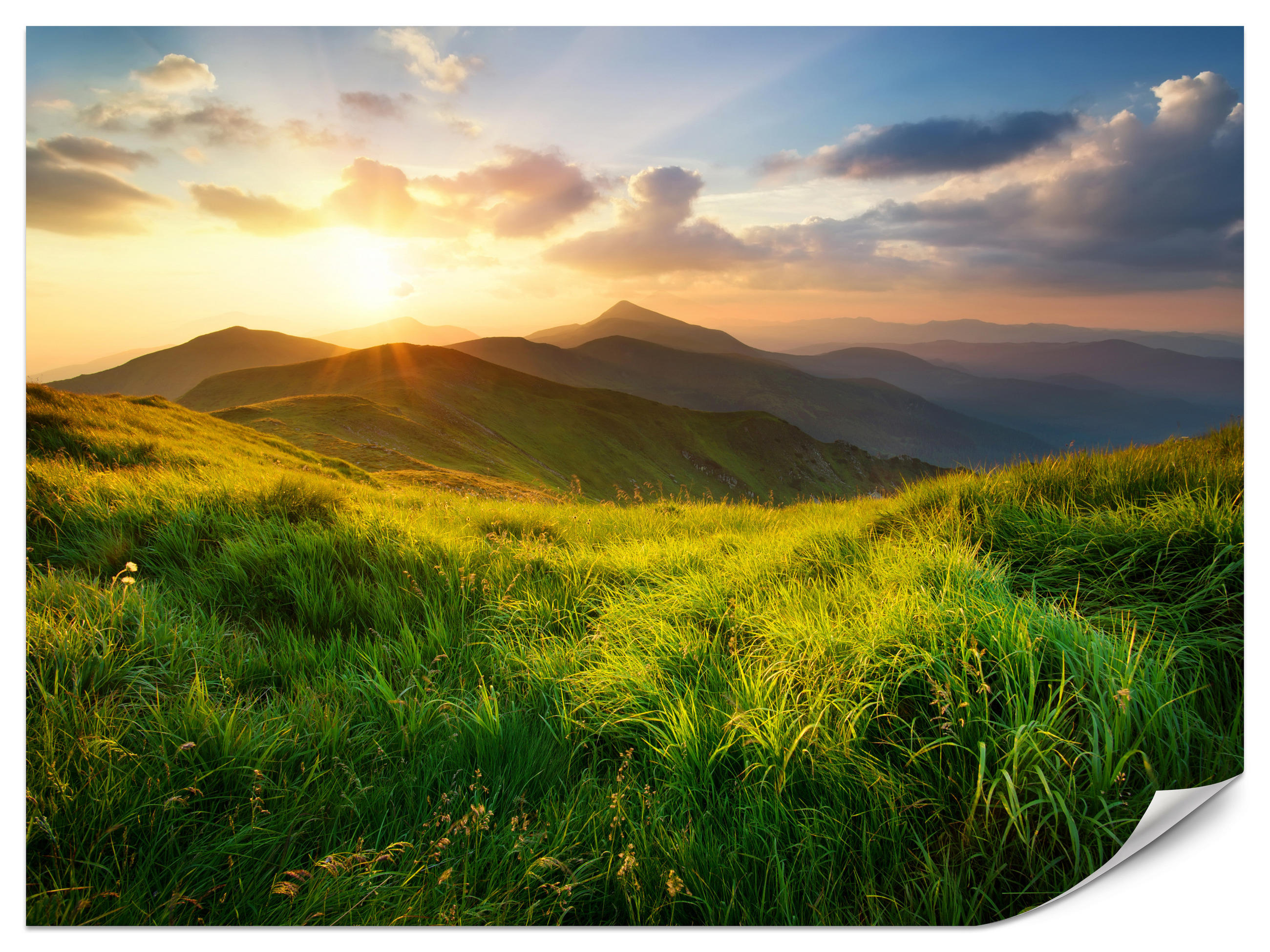 FOTOTAPETE für Wohnzimmer Sonnenuntergang Berge Wiese Gras 150x105 - Gelb/Beige, Papier (150/105cm) - Muralo
