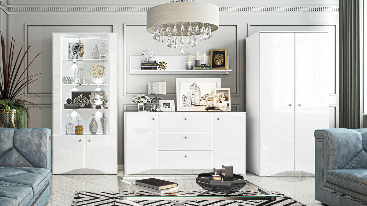 SIDEBOARD Glamour weiß / weiß hochglanz 160 / 41 / 85cm - Weiß Hochglanz/Weiß, Glas/Holz (160/85/41cm) - Feldmann-Wohnen