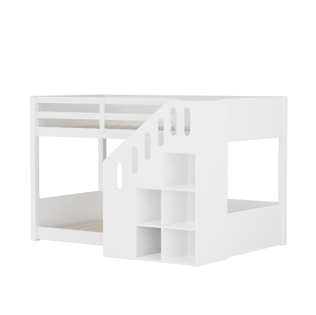 ETAGENBETT aus Massivholz 90x200 cm in Weiß mit Stauraumtreppe & Geländer - Weiß, Holz (90/200cm) - Modfu