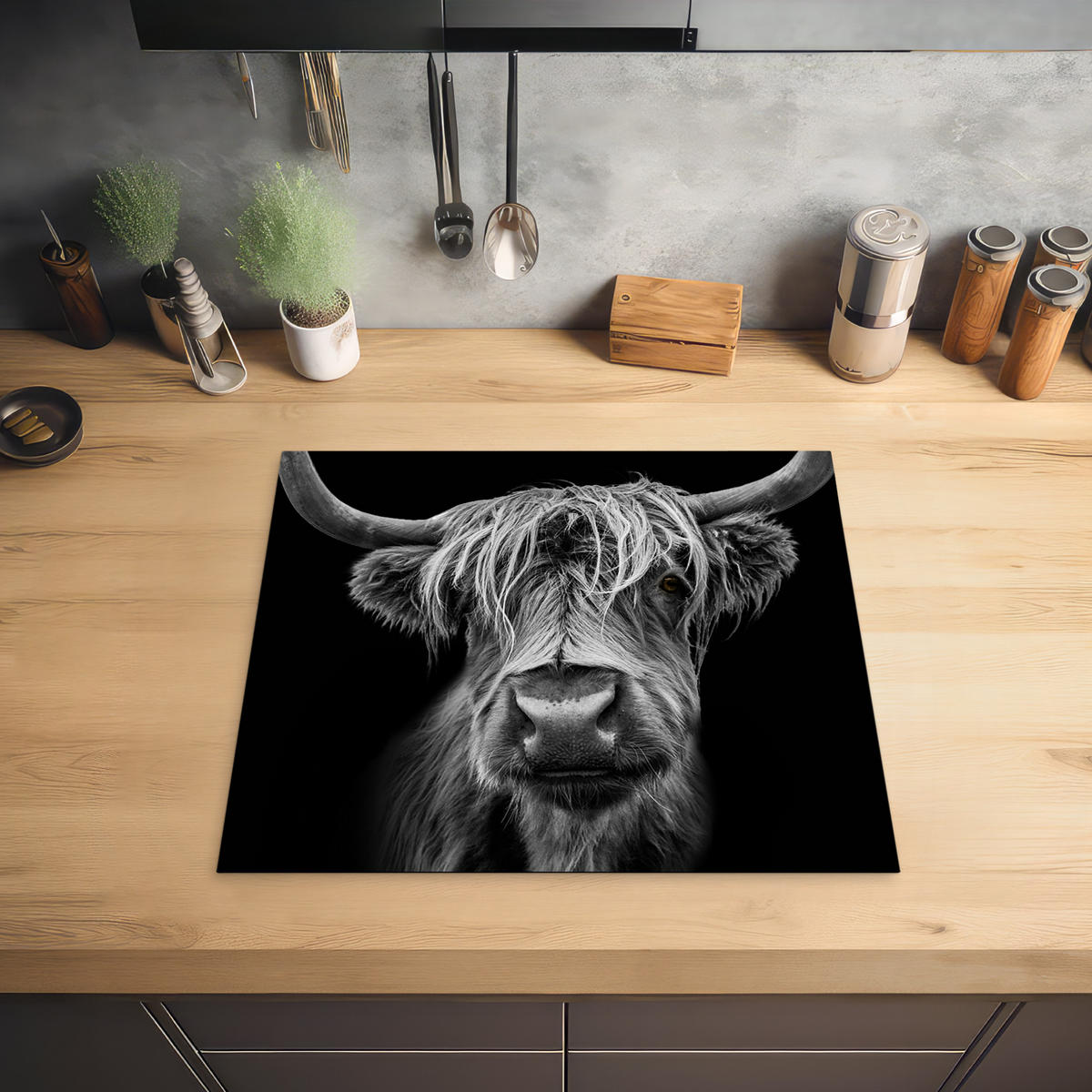 HERDABDECKPLATTE Schottischer Highlander - Hörner - Schwarz - Weiß - Kuh - Wild - Tiere Ceranfeldabdeckung 59x52 cm - Schwarz, Kunststoff (59/52/0.2cm) - MuchoWow
