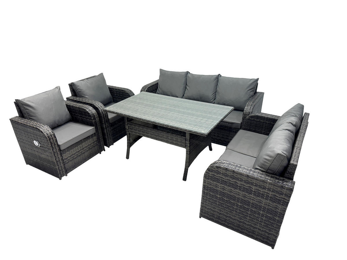 LOUNGEGARNITUR Polyrattan Dunkelgrau 7-Sitzer - Dunkelgrau/Grau, Glas/Kunststoff - Fimous