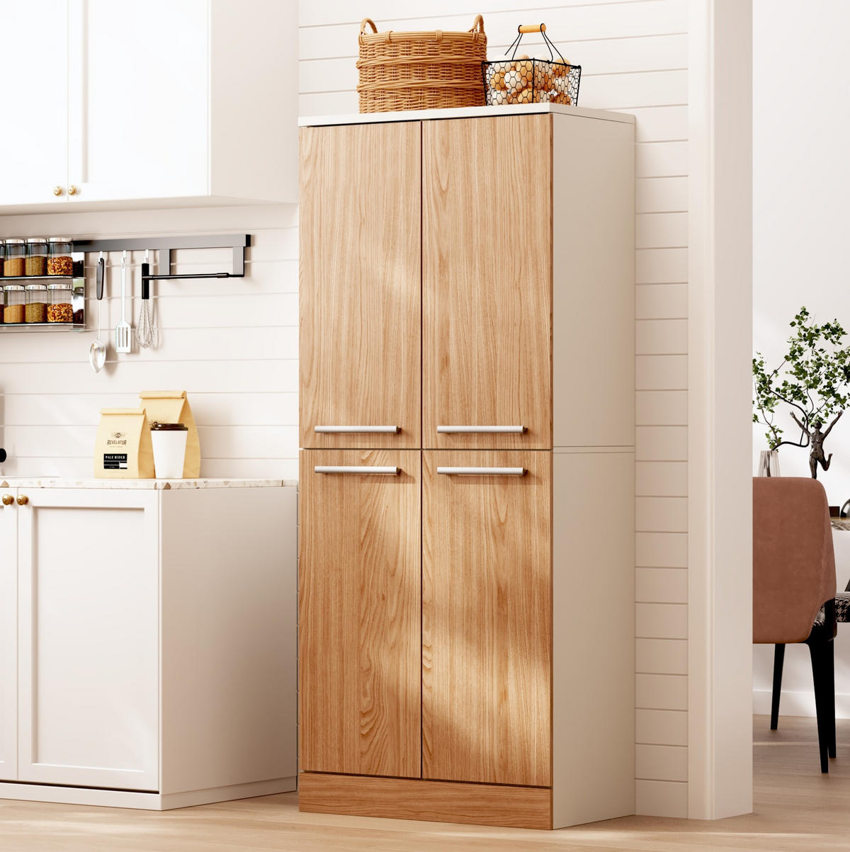 BUFFET 76/42/180 cm in Weiß/Eichefarben mit 4 Türen - Weiß, Holzwerkstoff (76/180/42cm) - Flora Grace