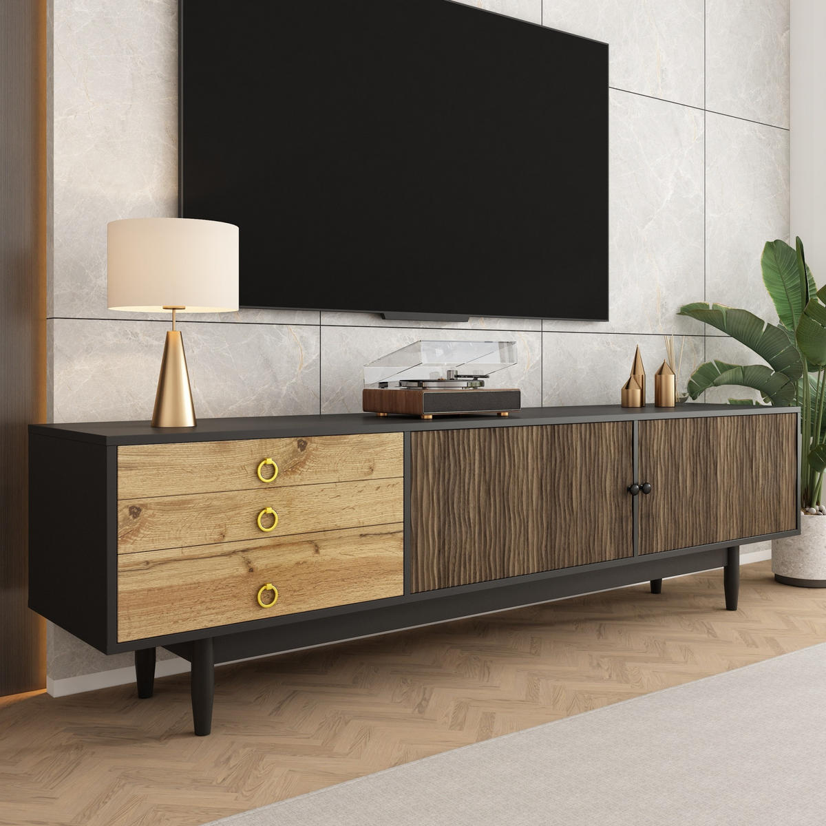 TV-SCHRANK 180/50/38 cm schwarz-finish MDF mit 2 Türen und 3 Schubladen - Schwarz, Holzwerkstoff (180/38/50cm) - OKWISH