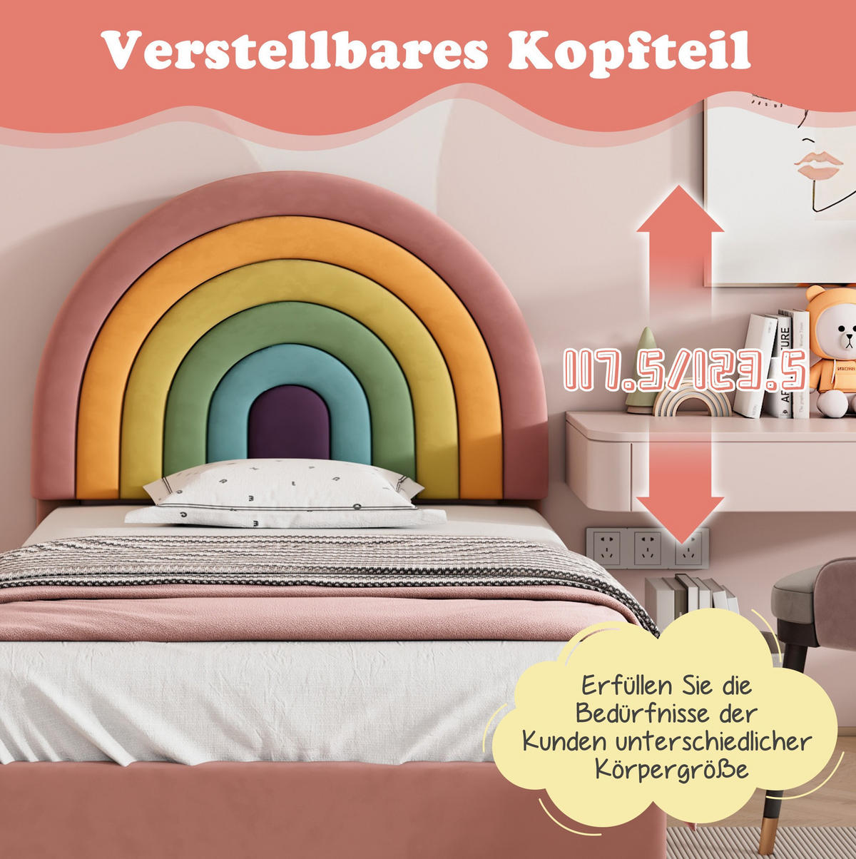 POLSTERBETT 90/200 cm mit Lattenrost, höhenverstellbarem Kopfteil und Regenbogen-Design aus Samt, Pink - Rosa, Textil (90/200cm) - Redom